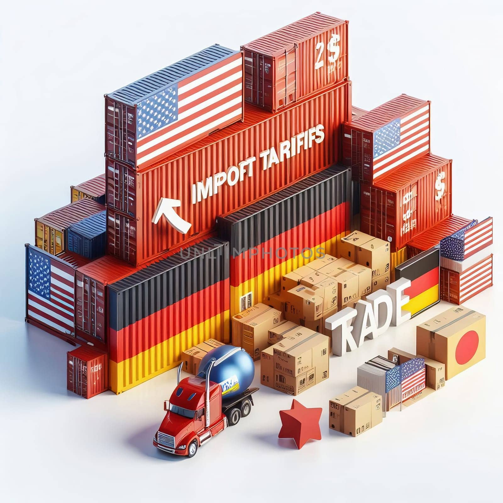Container with flags of the USA and Germany. “TRADE” symbolizes international trade, growth and customs duties. Perfect for business pictures!