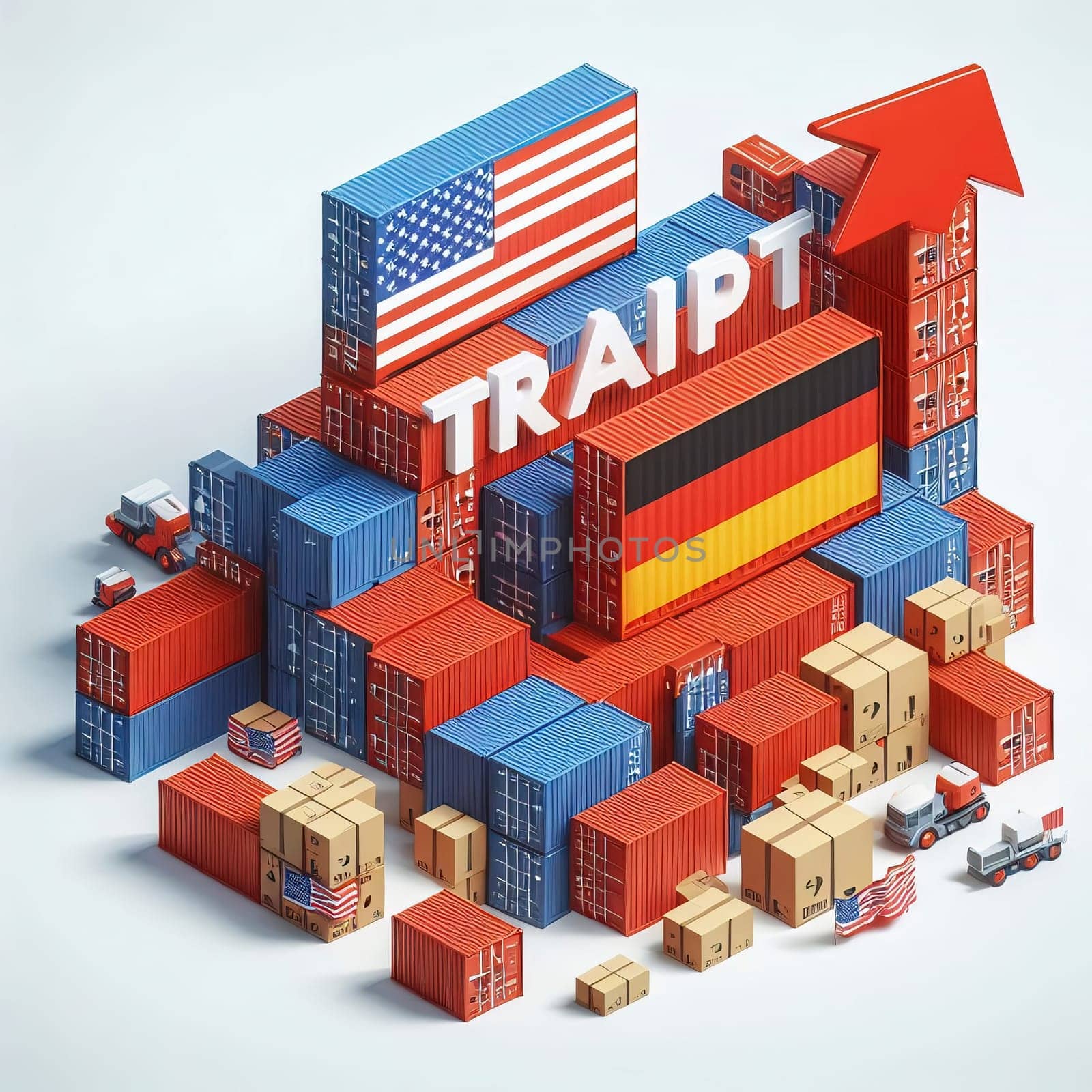 Container with flags of the USA and Germany. “TRADE” symbolizes international trade, growth and customs duties. Perfect for business pictures!