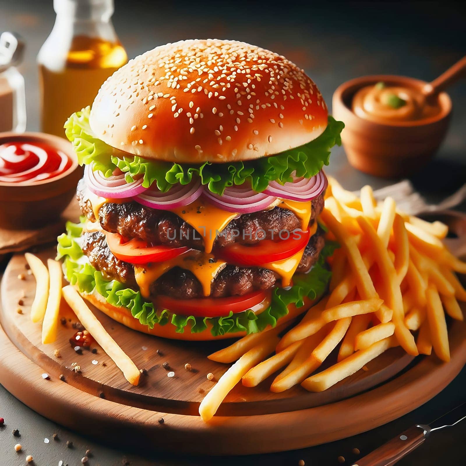 Juicy cheeseburger with crispy lettuce, tomatoes, gherkins and caramelized onions, served with golden fries on a rustic wooden board.