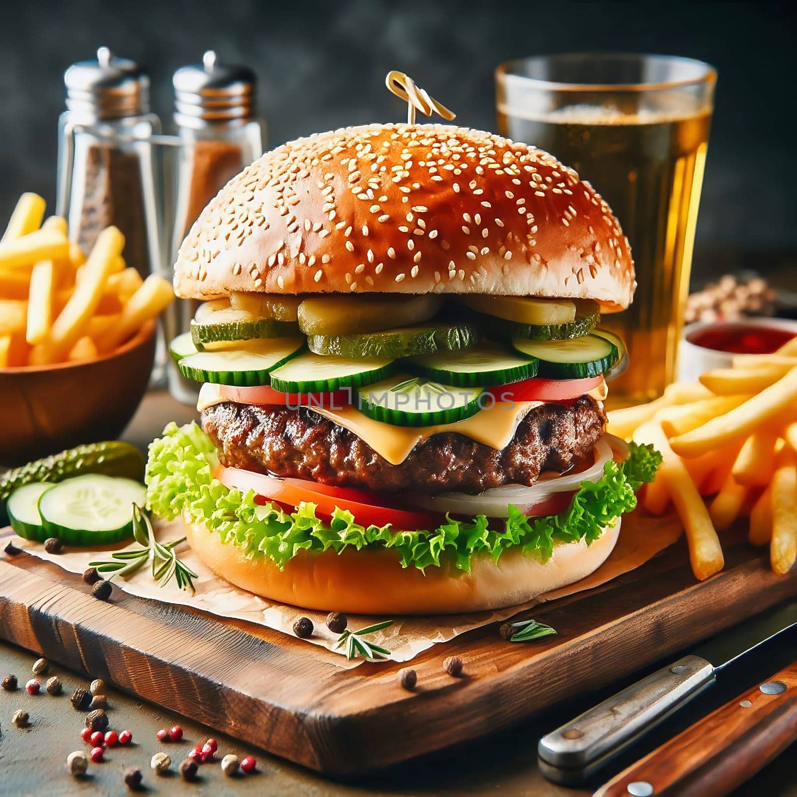 Juicy cheeseburger with crispy lettuce, tomatoes, gherkins and caramelized onions, served with golden fries on a rustic wooden board.