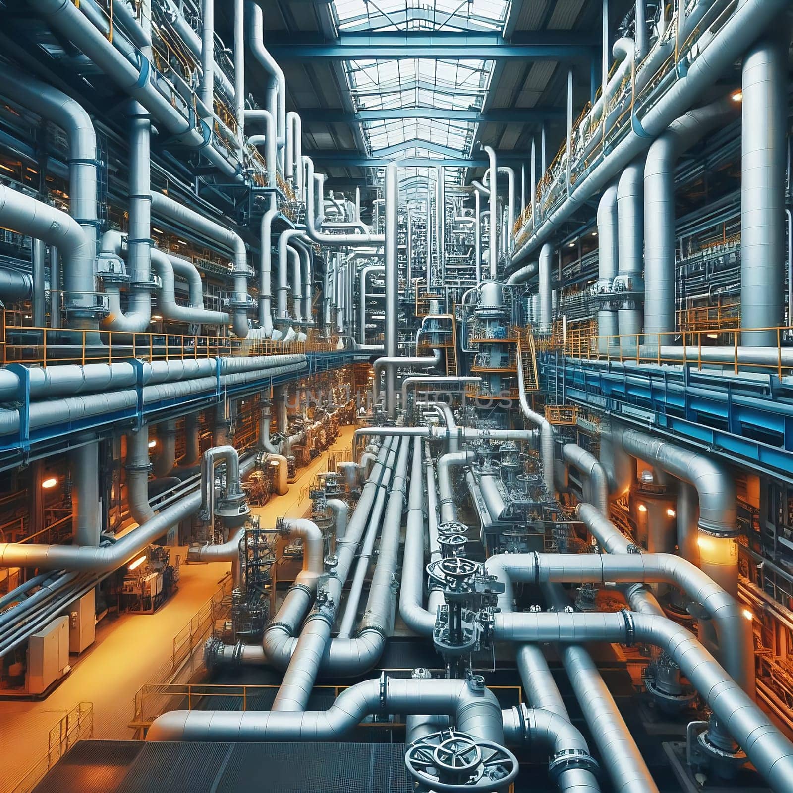 Futuristic industrial plant with complex pipelines, valves and towers, illuminated by warm sunlight. Technological infrastructure in perfection.