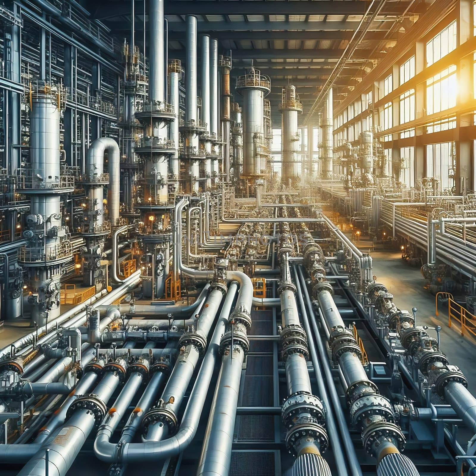 Futuristic industrial plant with complex pipelines, valves and towers, illuminated by warm sunlight. Technological infrastructure in perfection.