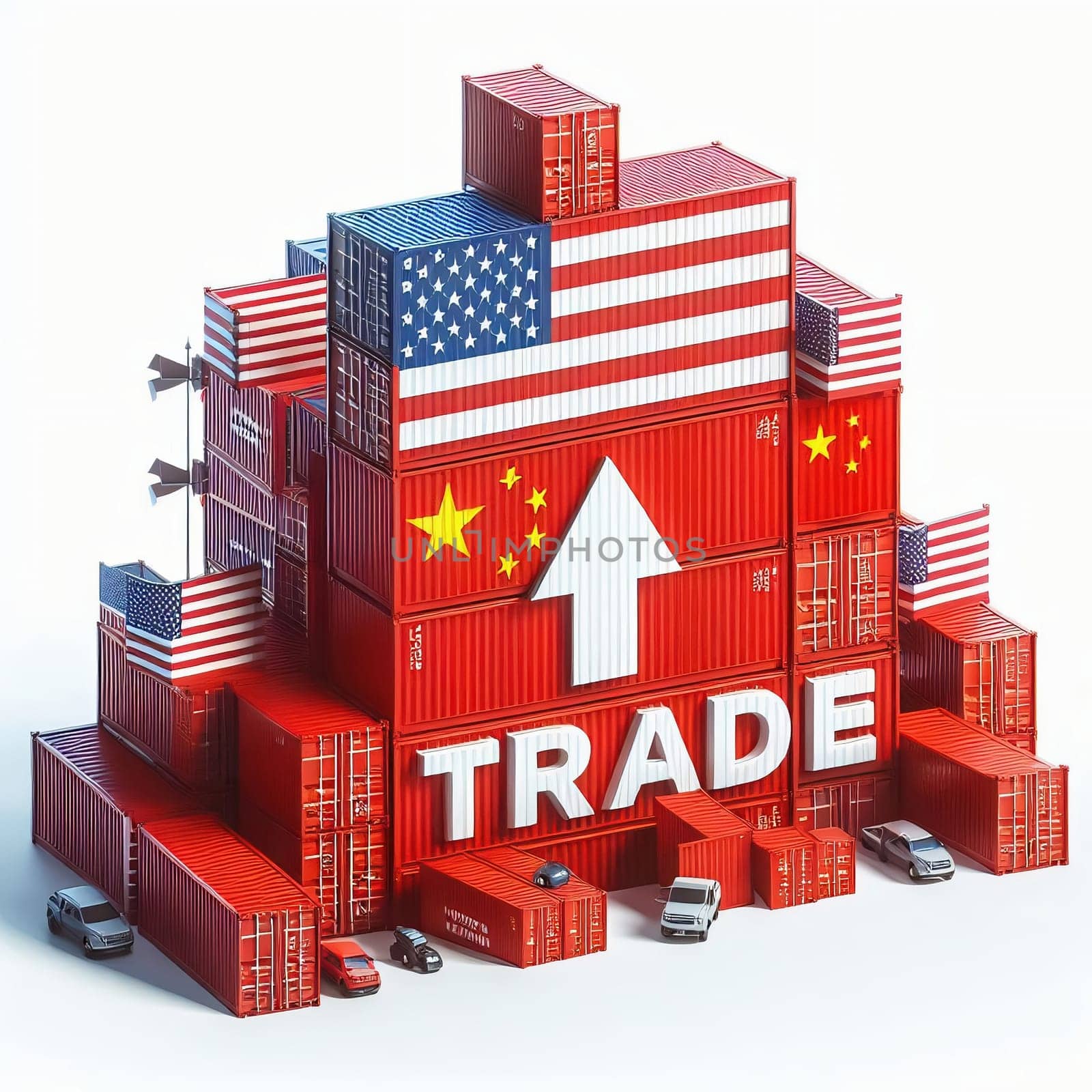 Container with flags of the USA and China. “TRADE” symbolizes international trade, growth and customs duties. Perfect for business images!