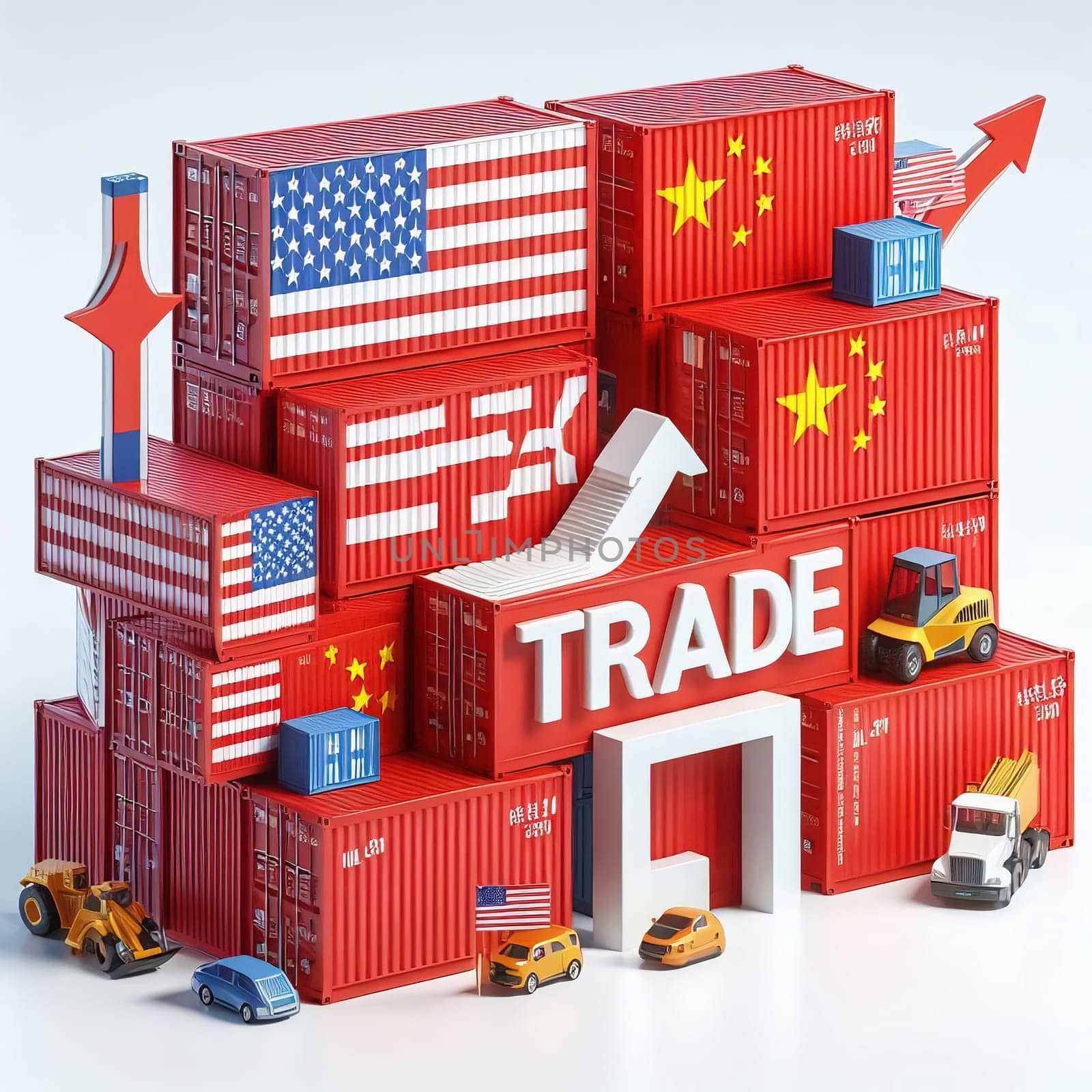 Container with flags of the USA and China. “TRADE” symbolizes international trade, growth and customs duties. Perfect for business images!