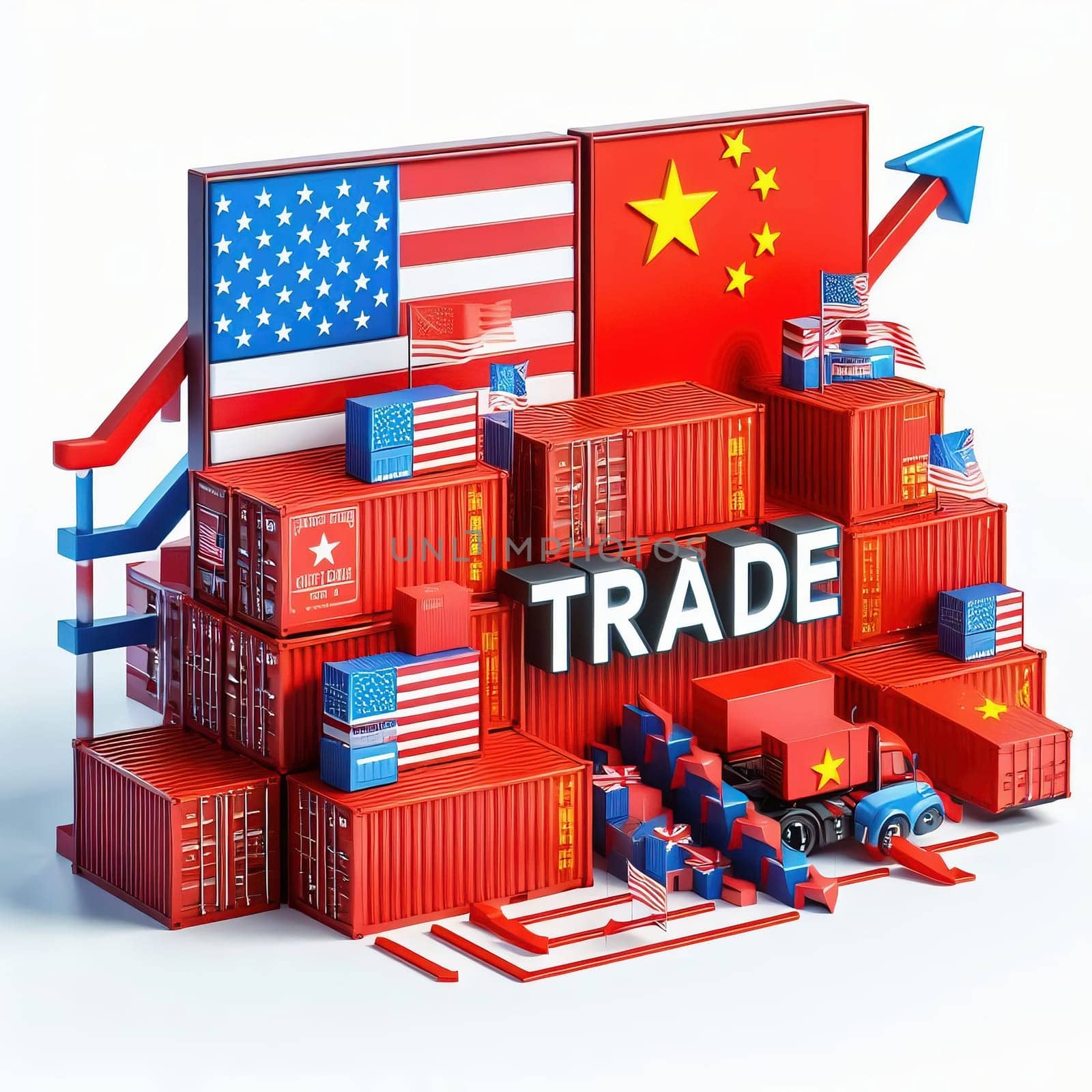 Container with flags of the USA and China. “TRADE” symbolizes international trade, growth and customs duties. Perfect for business images!