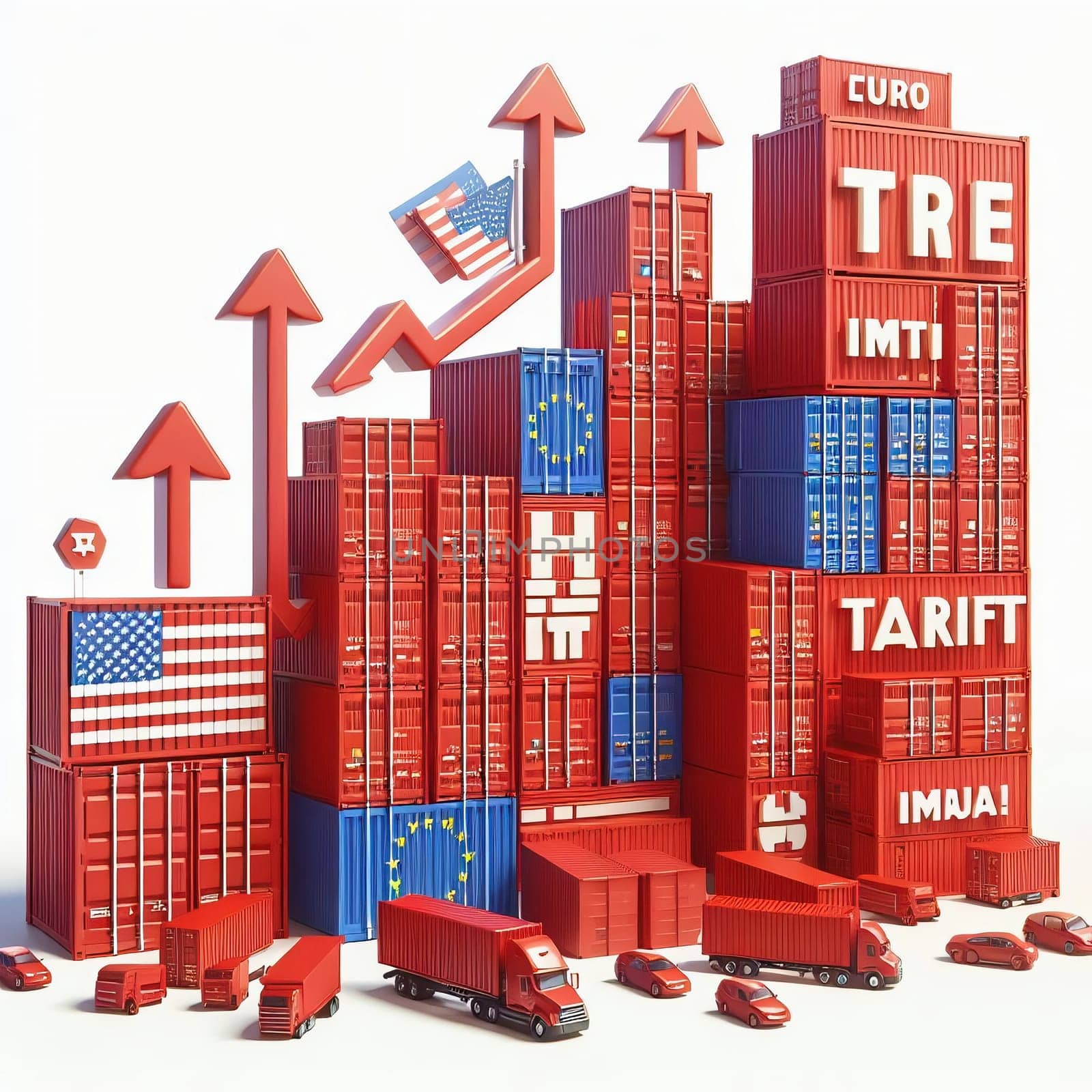 Container with flags of the USA and the EU. “TRADE” symbolizes international trade, growth and customs duties. Perfect for business images!