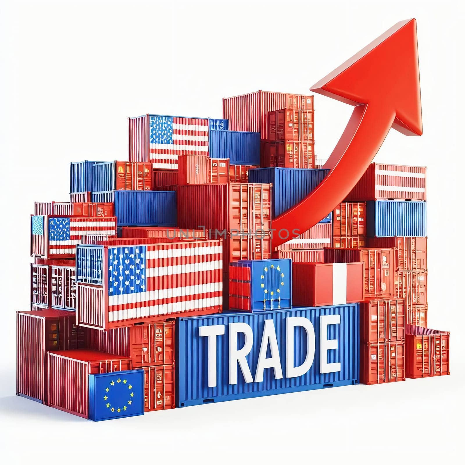 Container with flags of the USA and the EU. “TRADE” symbolizes international trade, growth and customs duties. Perfect for business images!