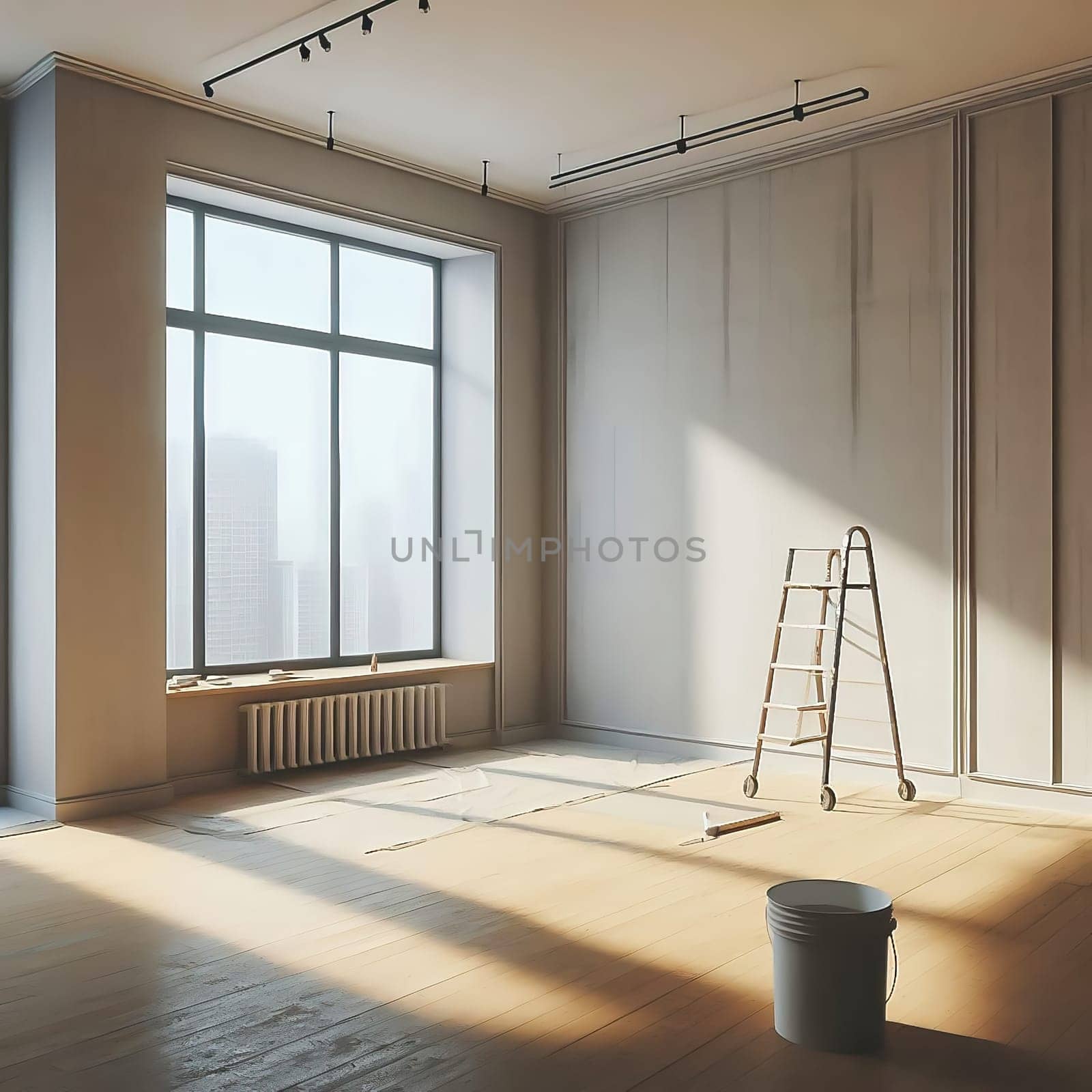 Bright, renovated room with large windows. Painter's ladder, paint bucket and tools indicate a creative makeover. Perfect for renovation themes!