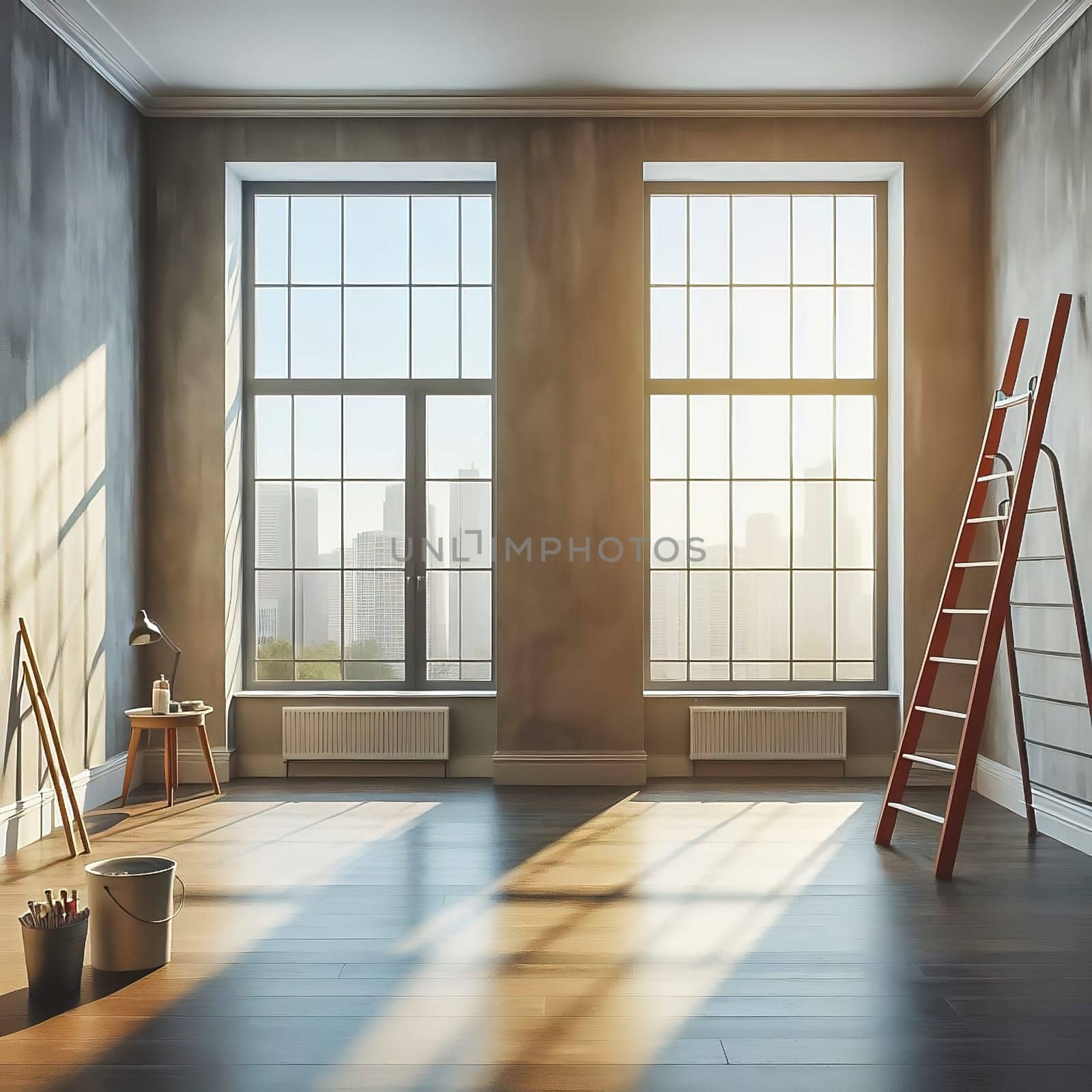 Bright, renovated room with large windows. Painter's ladder, paint bucket and tools indicate a creative makeover. Perfect for renovation themes!