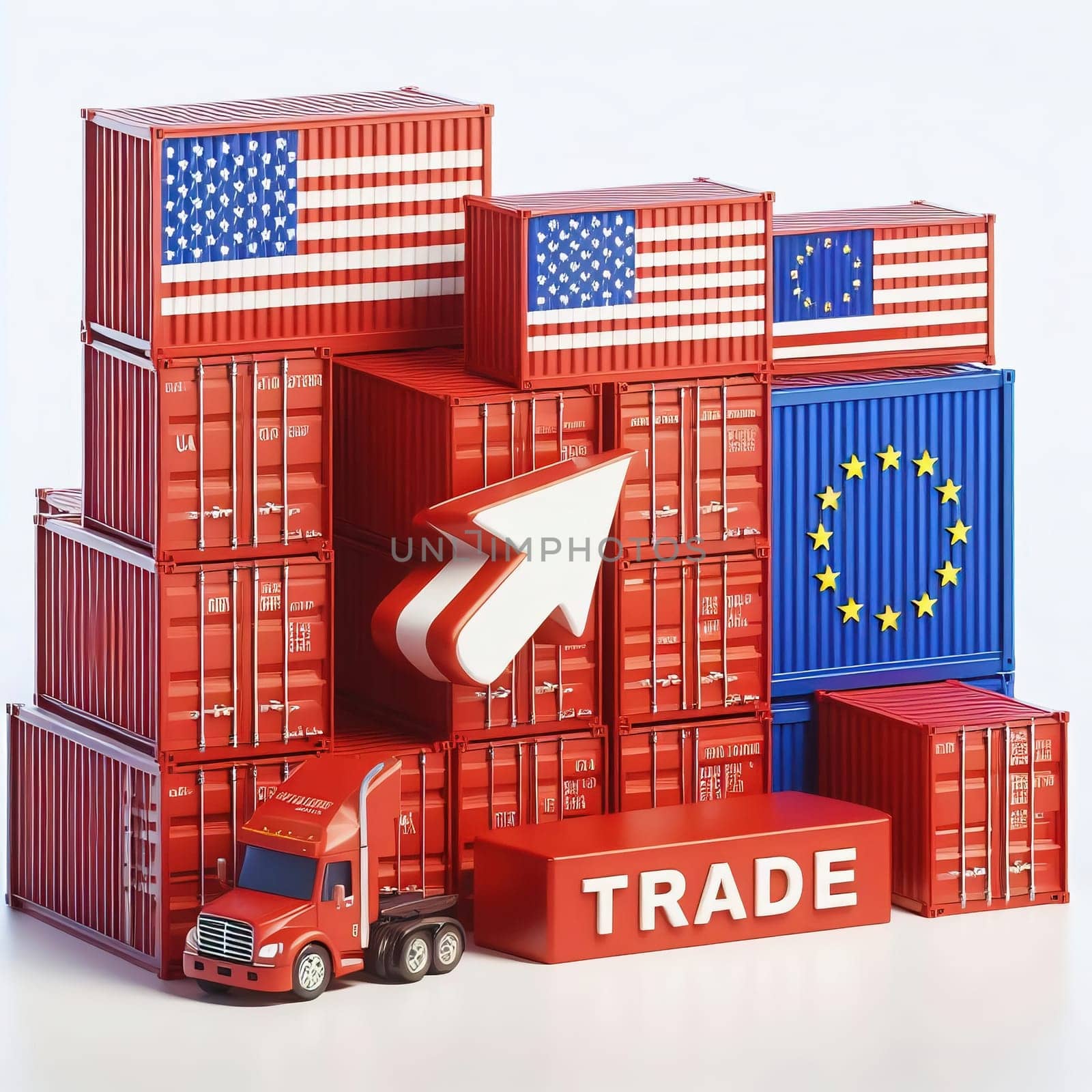 Container with flags of the USA and the EU. “TRADE” symbolizes international trade, growth and customs duties. Perfect for business images!