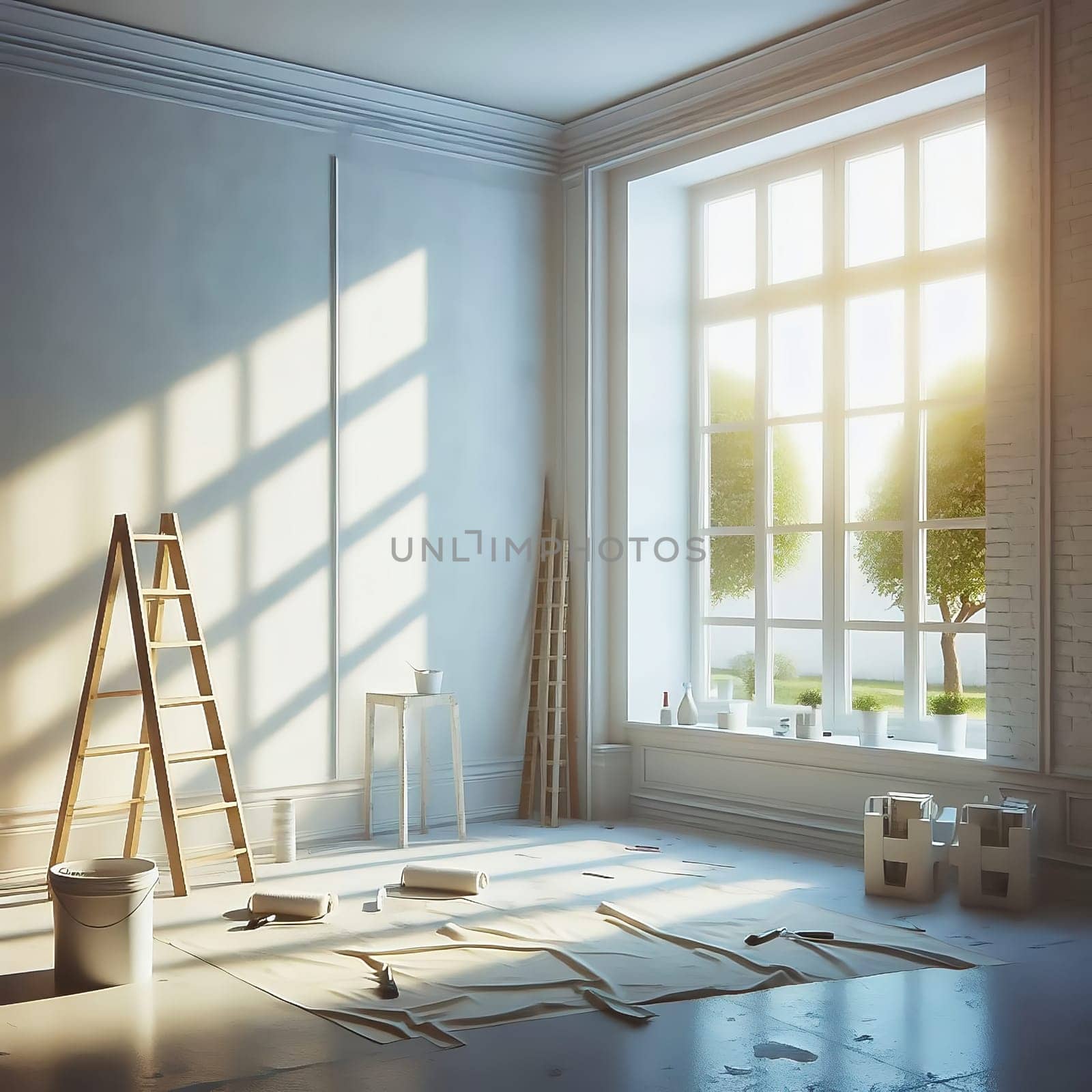 Bright, renovated room with large windows. Painter's ladder, paint bucket and tools indicate a creative makeover. Perfect for renovation themes!