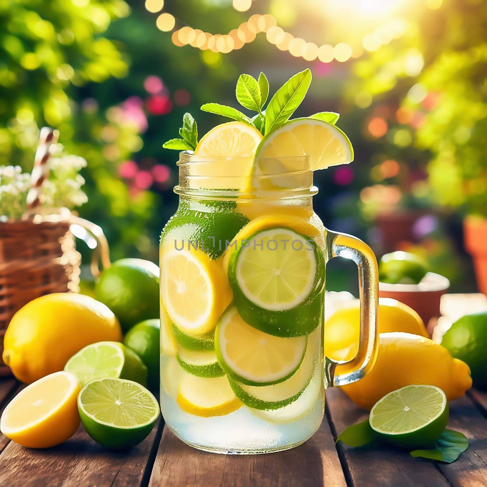 A refreshing glass with lemon and lime slices, mint leaves and a straw, framed by fresh fruit in a sunny garden.