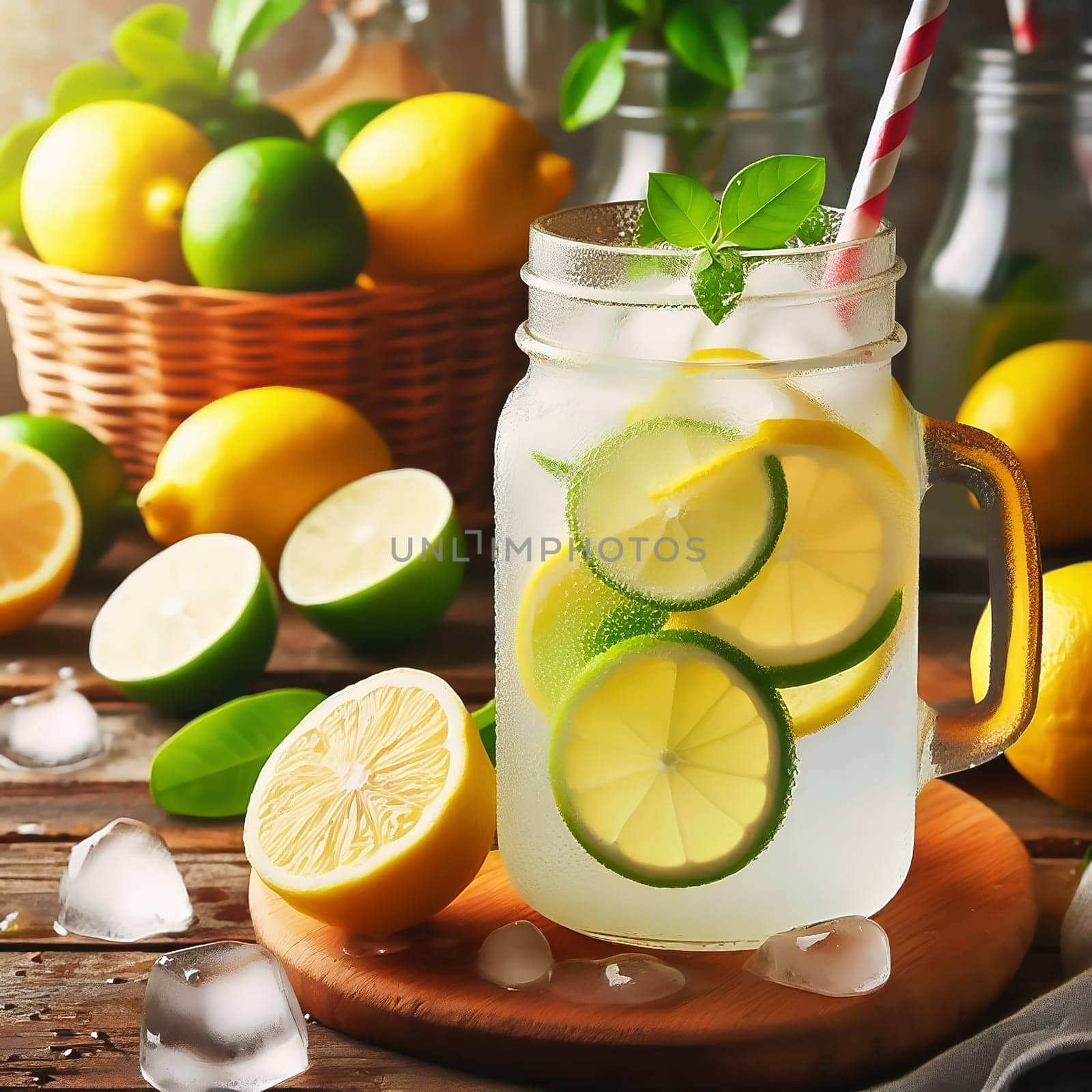 A refreshing glass with lemon and lime slices, mint leaves and a straw, framed by fresh fruit in a sunny garden.
