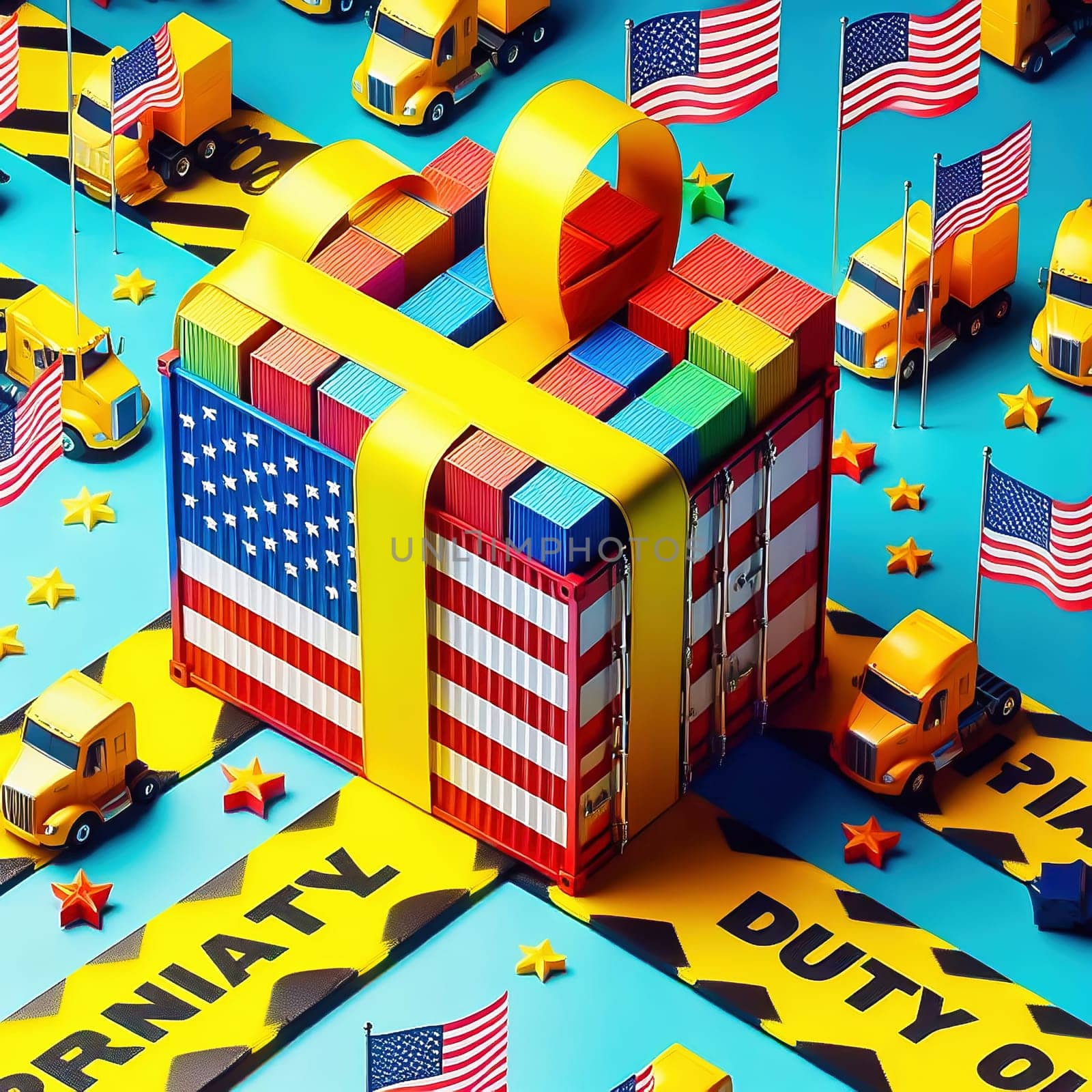 Containers, US flags and “PENALTY DUTY” barrier tape symbolize trade, law and customs in a high-contrast, lively design. Ideal for business themes.
