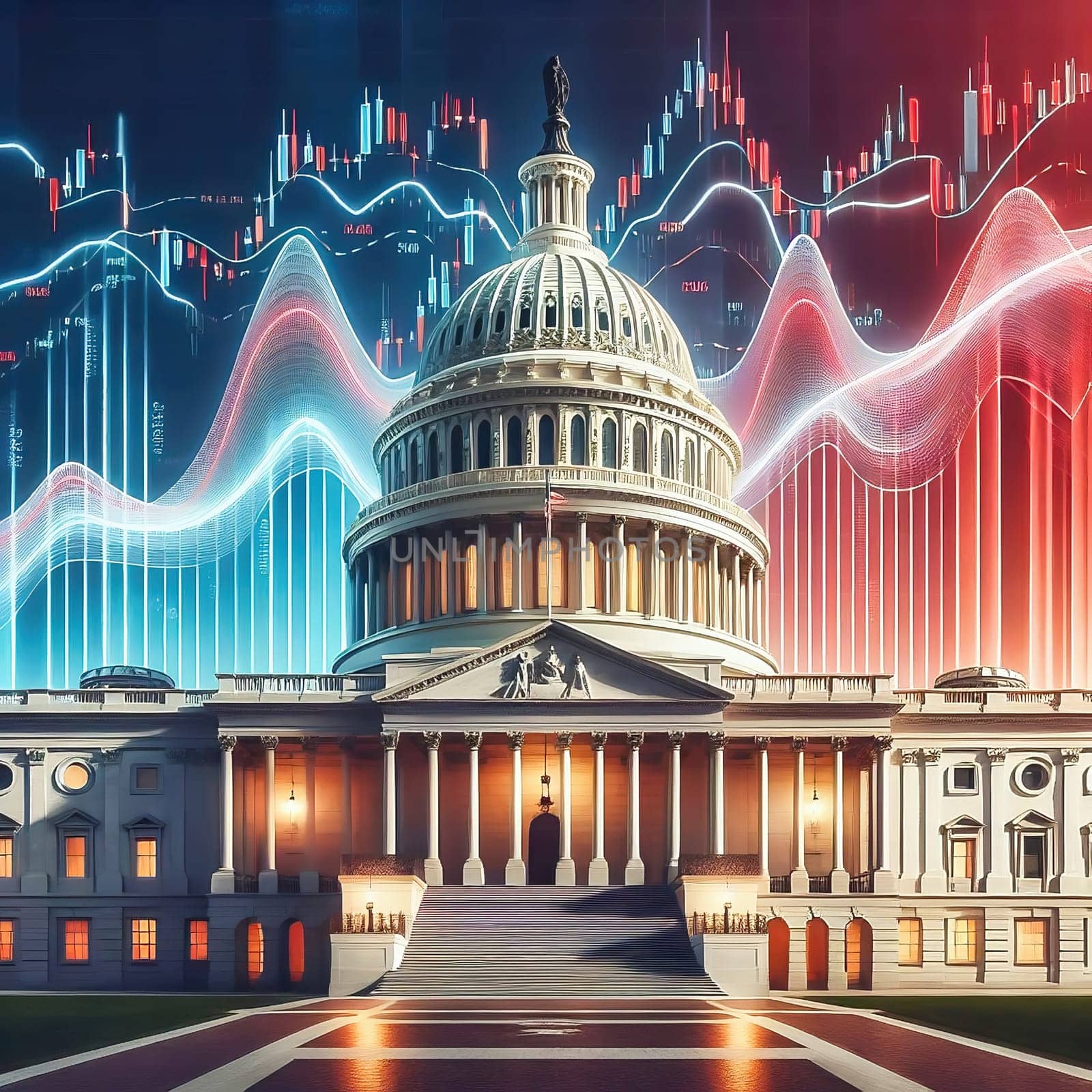 Symbolic image: The Capitol in front of stock market charts and financial data, showing the connection between politics and economics. Perfect for economic policy content!