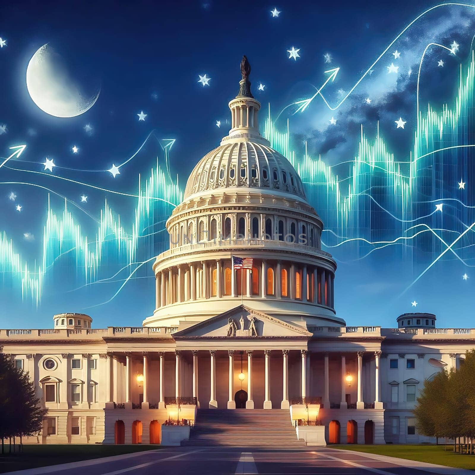Symbolic image: The Capitol in front of stock market charts and financial data, showing the connection between politics and economics. Perfect for economic policy content!