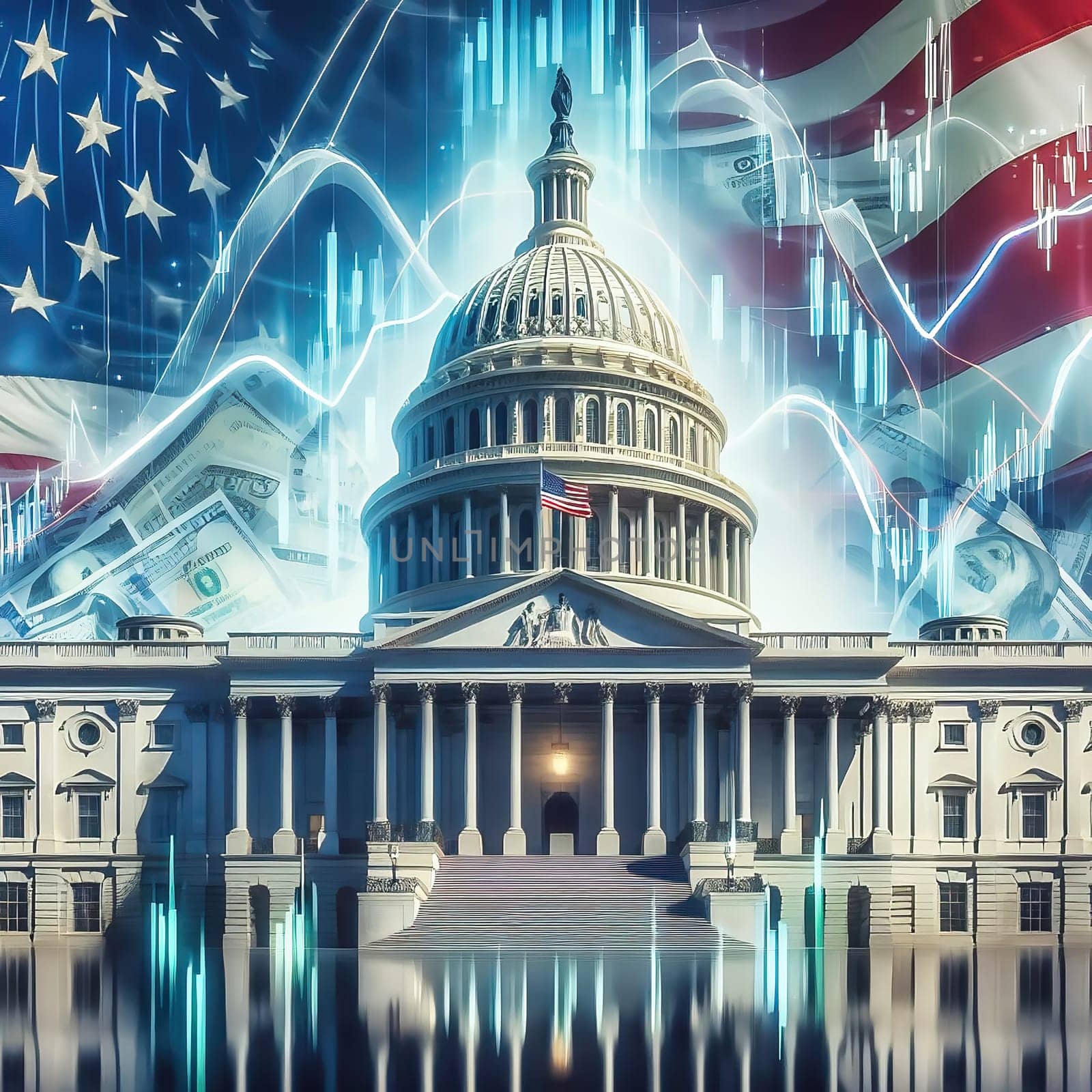 Symbolic image: The Capitol in front of stock market charts and financial data, showing the connection between politics and economics. Perfect for economic policy content!