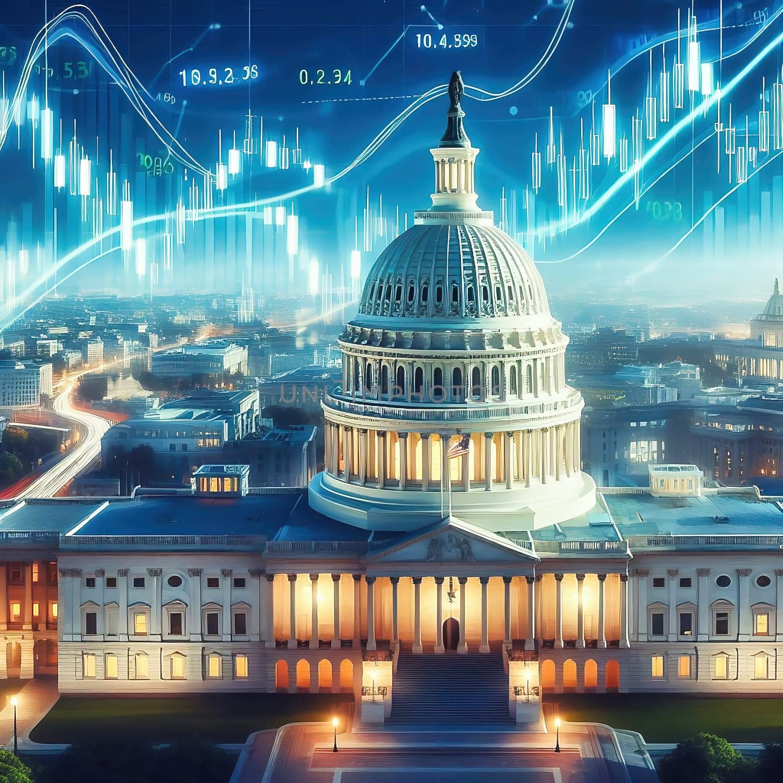 Symbolic image: The Capitol in front of stock market charts and financial data, showing the connection between politics and economics. Perfect for economic policy content!