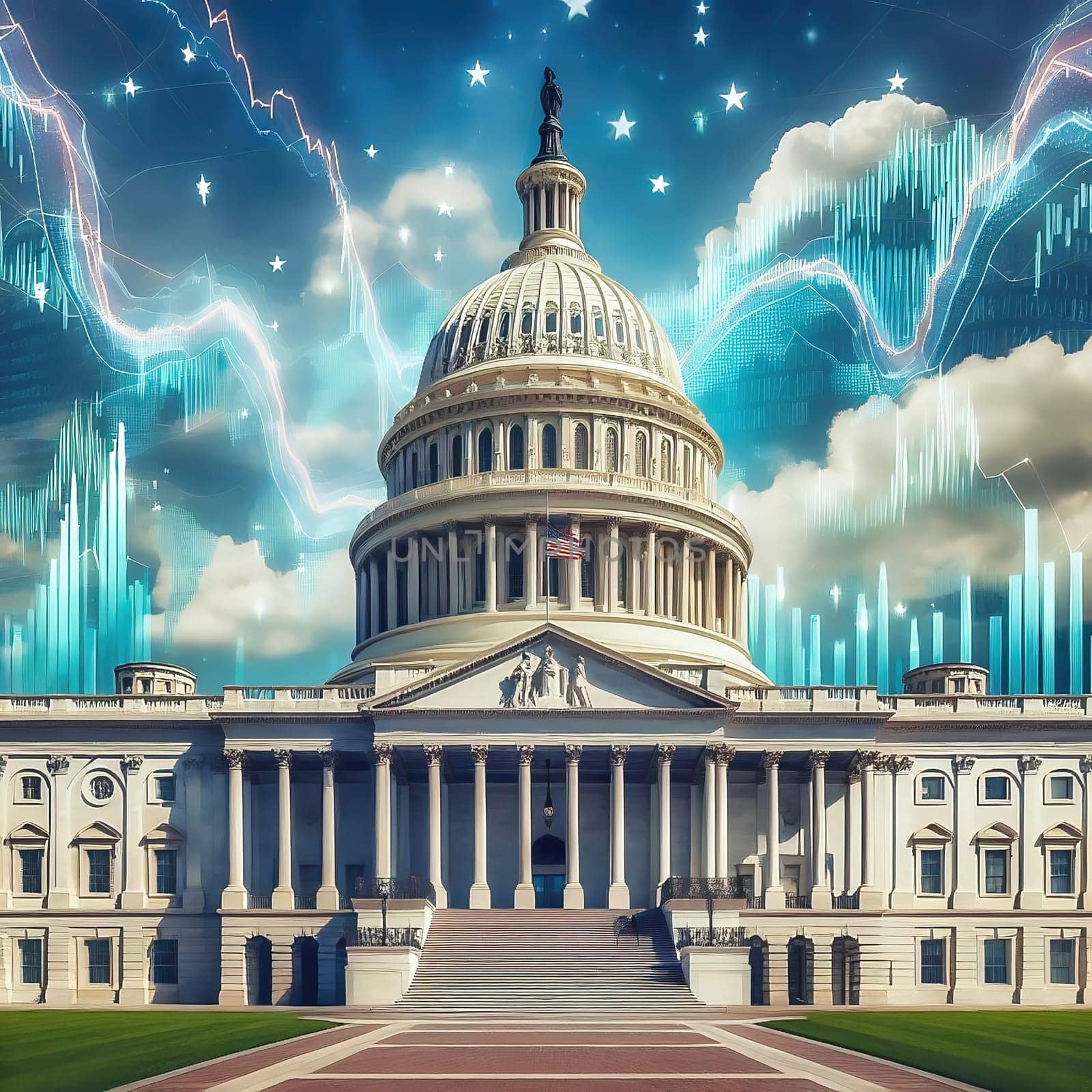 Symbolic image: The Capitol in front of stock market charts and financial data, showing the connection between politics and economics. Perfect for economic policy content!