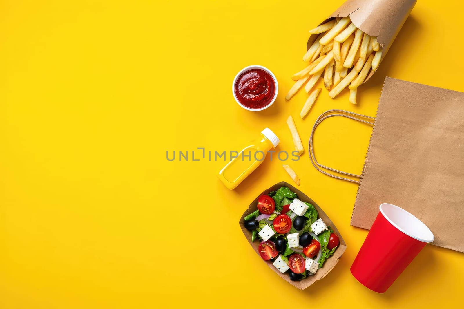 A colorful arrangement of delicious fast food items shows a bowl of salad, crispy fries, ketchup, and mustard on a bright yellow surface. The atmosphere radiates casual dining enjoyment.