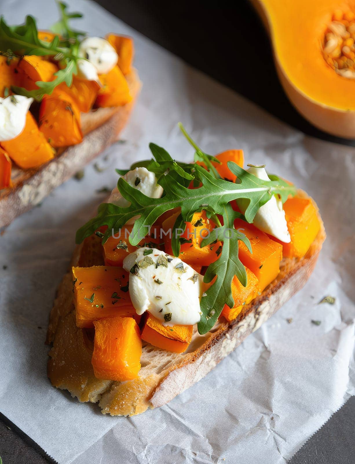 Delicious bruschetta features roasted butternut squash cubes and fresh arugula atop crusty rustic bread. Topped with dollops of creamy cheese, this dish is perfect for a light meal or appetizer.