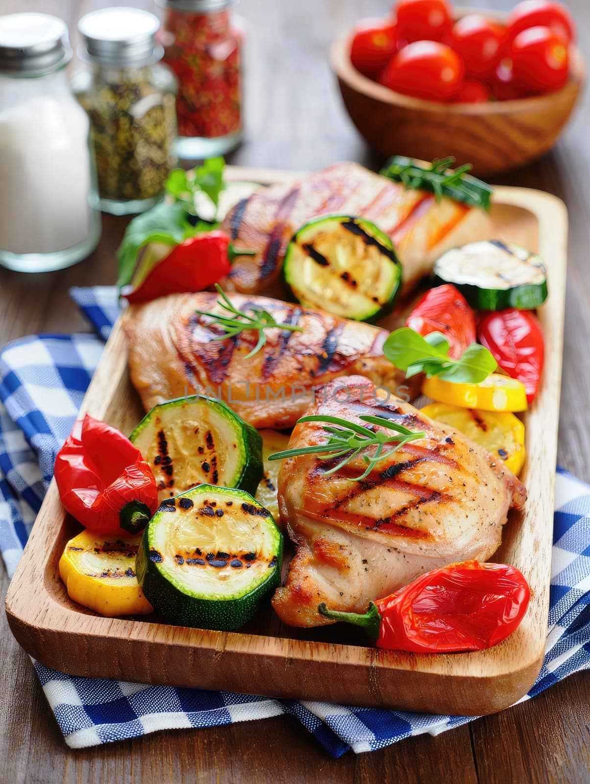 Juicy grilled chicken pieces are arranged on a wooden platter alongside assorted grilled vegetables. Bright red peppers, zucchini, and yellow squash are nestled around the chicken.
