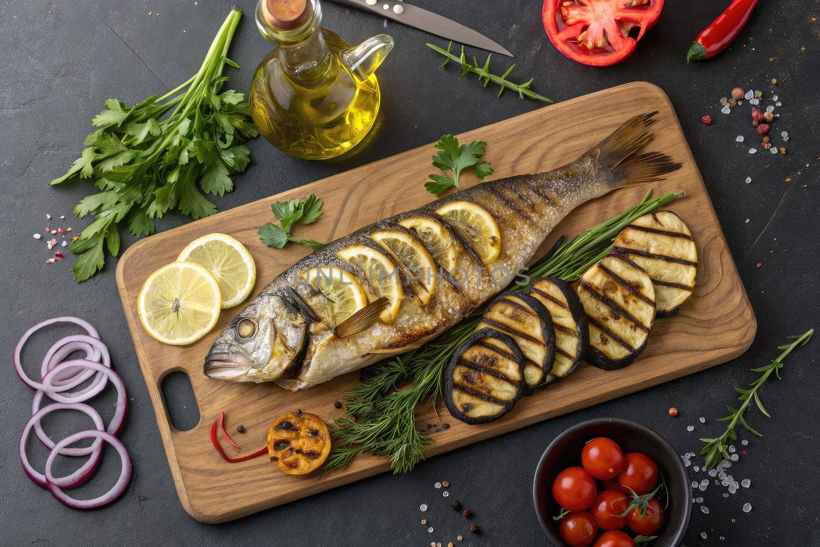 A beautifully arranged grilled fish garnished with lemon slices is placed on a wooden cutting board.