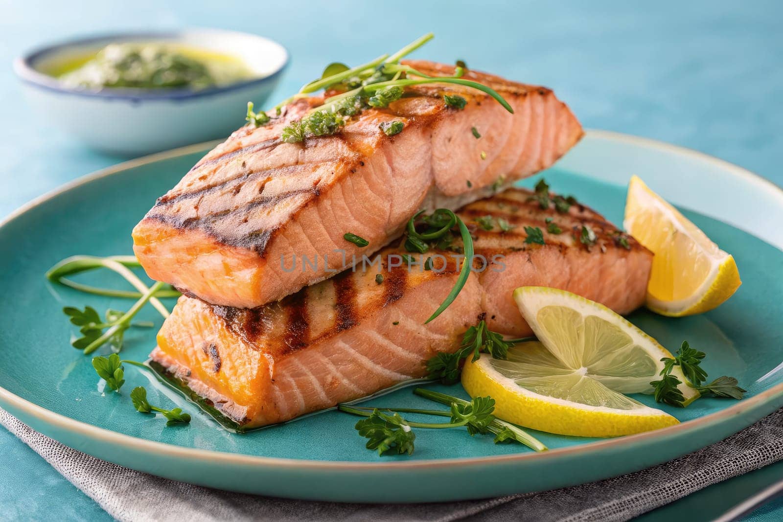 Juicy grilled salmon fillets are garnished with fresh parsley and served with lemon wedges on a vibrant turquoise plate. A bowl of green sauce complements this flavorful dish.