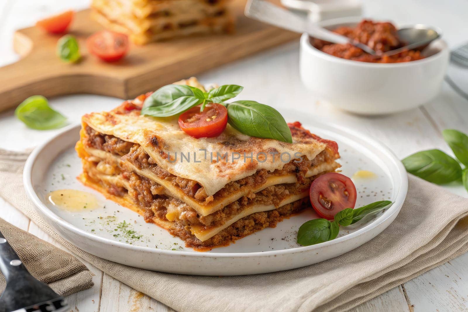 Savory lasagna is presented on a white plate, showcasing layers of pasta, meat sauce, and melted cheese. Fresh basil leaves and cherry tomatoes add vibrant color, inviting appetites.