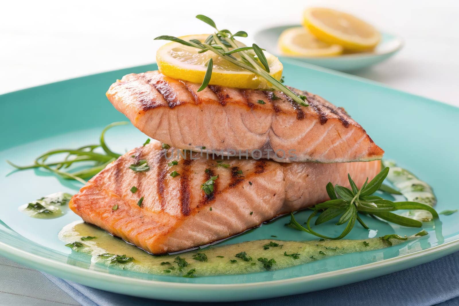 Juicy grilled salmon fillets topped with fresh lemon slices and herbs. Served on a vibrant turquoise plate, this dish showcases a delicious culinary presentation perfect for a light meal.