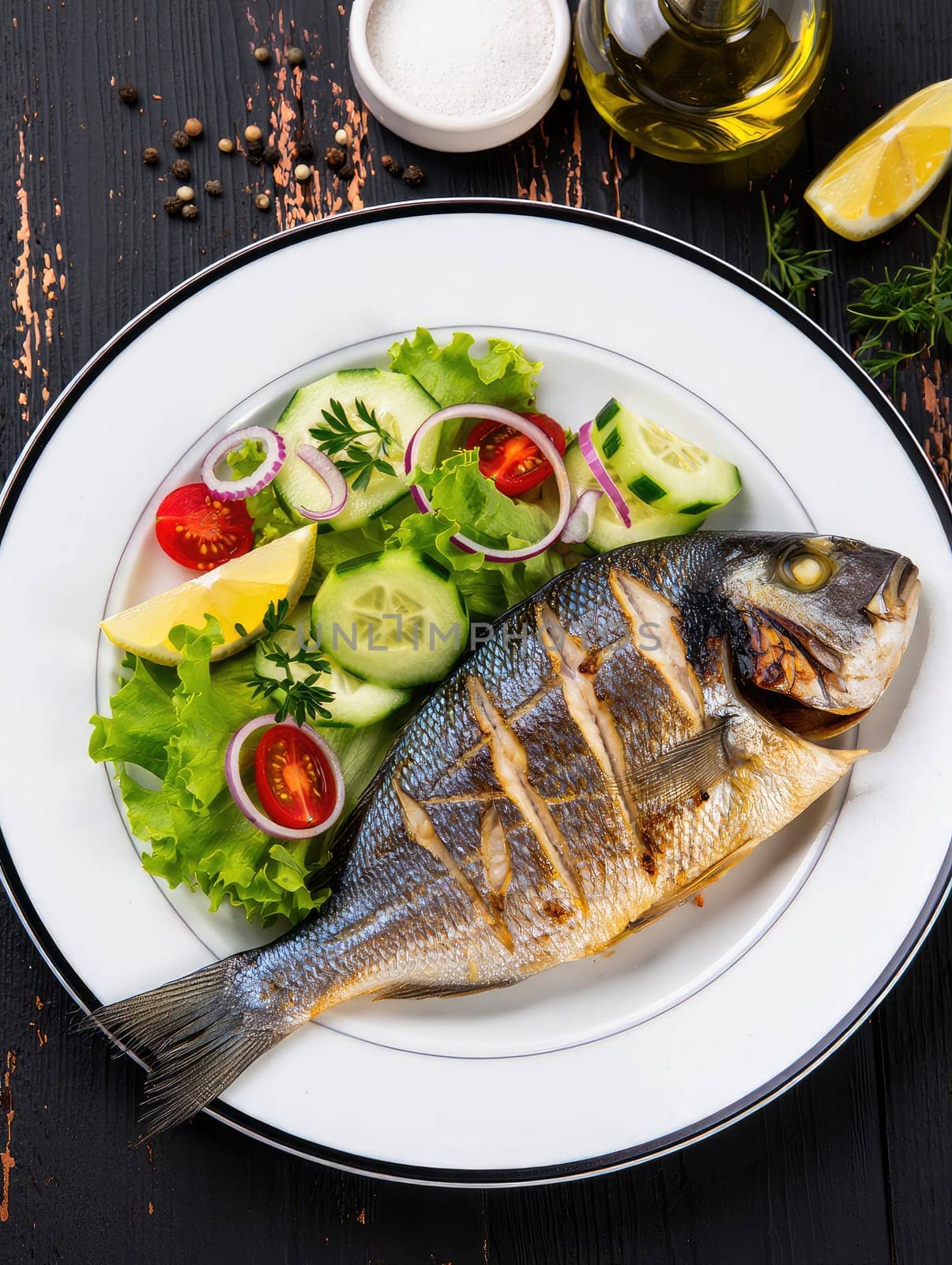 A large grilled fish is presented on a white plate alongside a colorful salad of lettuce, cucumbers, and cherry tomatoes. Lemon wedges add a fresh touch to the dish.