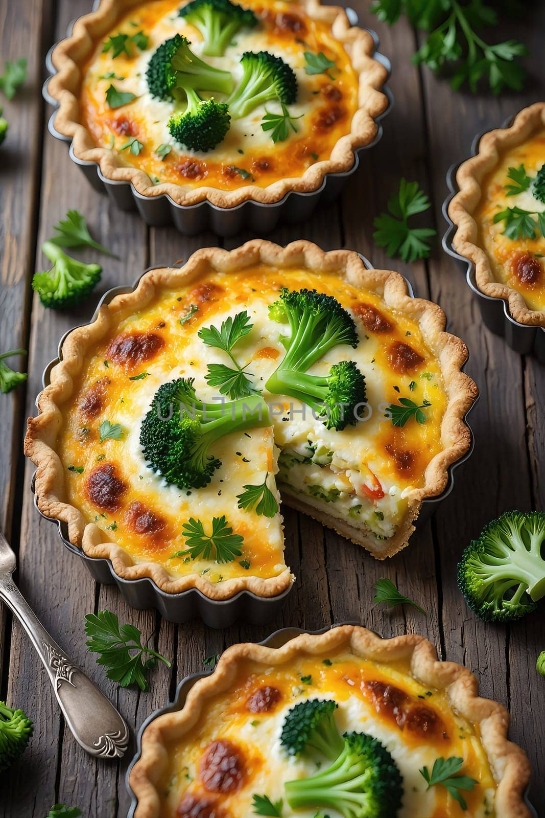 Freshly baked vegetable quiches featuring broccoli and herbs are arranged on a rustic wooden table. One quiche is partially sliced, showcasing its creamy filling.
