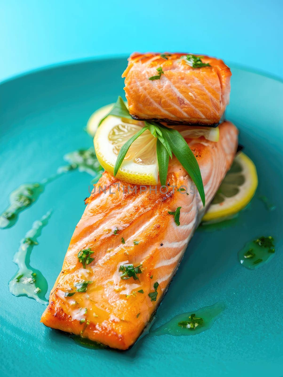 A beautifully plated grilled salmon fillet is topped with lemon slices and herbs. The vibrant teal plate enhances the dishs appeal, making it perfect for a culinary showcase.