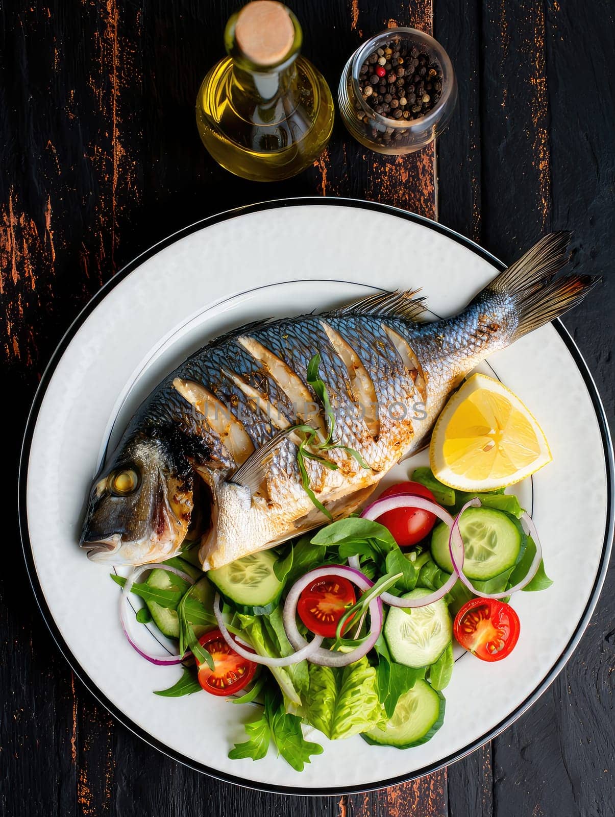 A beautifully plated whole grilled fish is accompanied by a vibrant salad of mixed greens, tomatoes, and cucumbers. Lemon wedges and herbs add a refreshing touch.