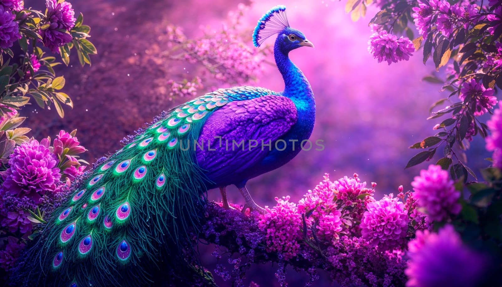 In a serene garden, a majestic peacock displays its colorful feathers among blooming purple flowers