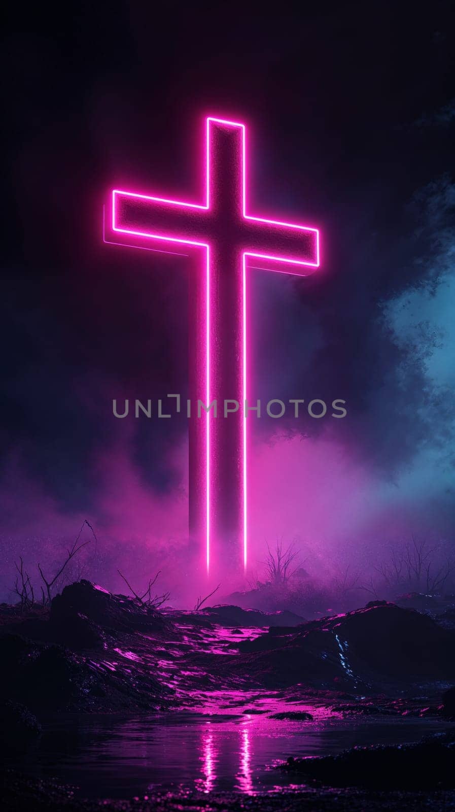 A vibrant neon cross in mist, reflecting in calm water below, creating a mystical and enchanting scene