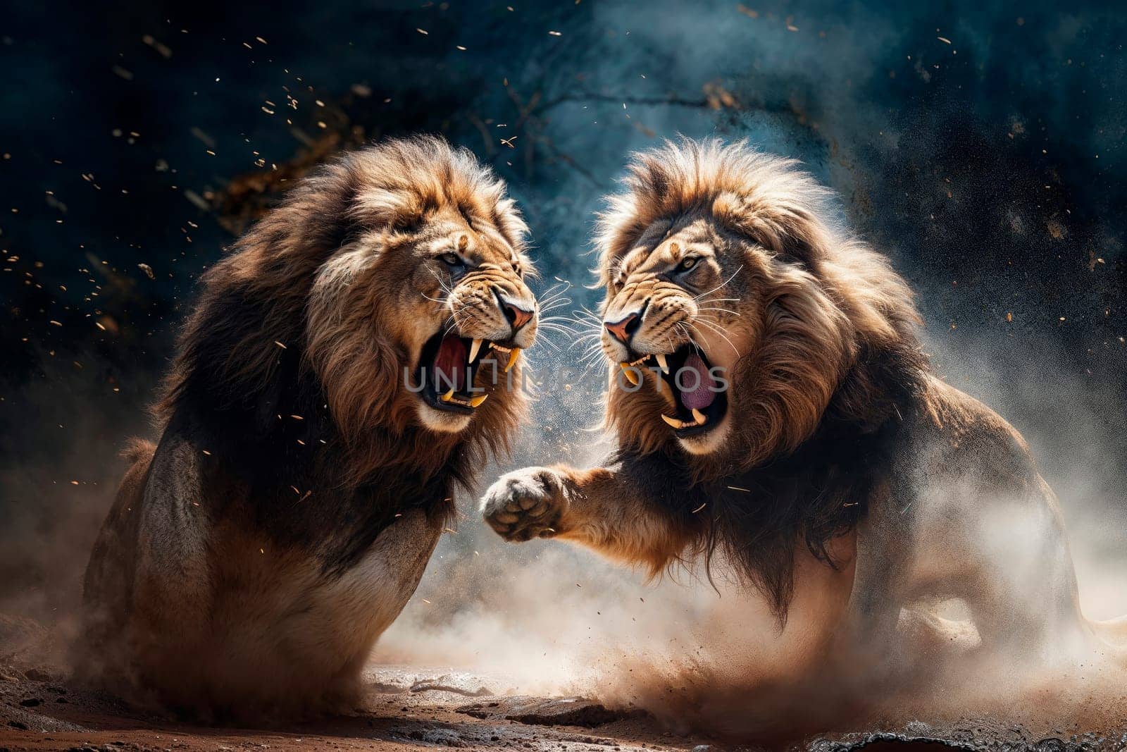 Two roaring lions fiercely clash in a powerful and captivating display of strength and dominance in nature