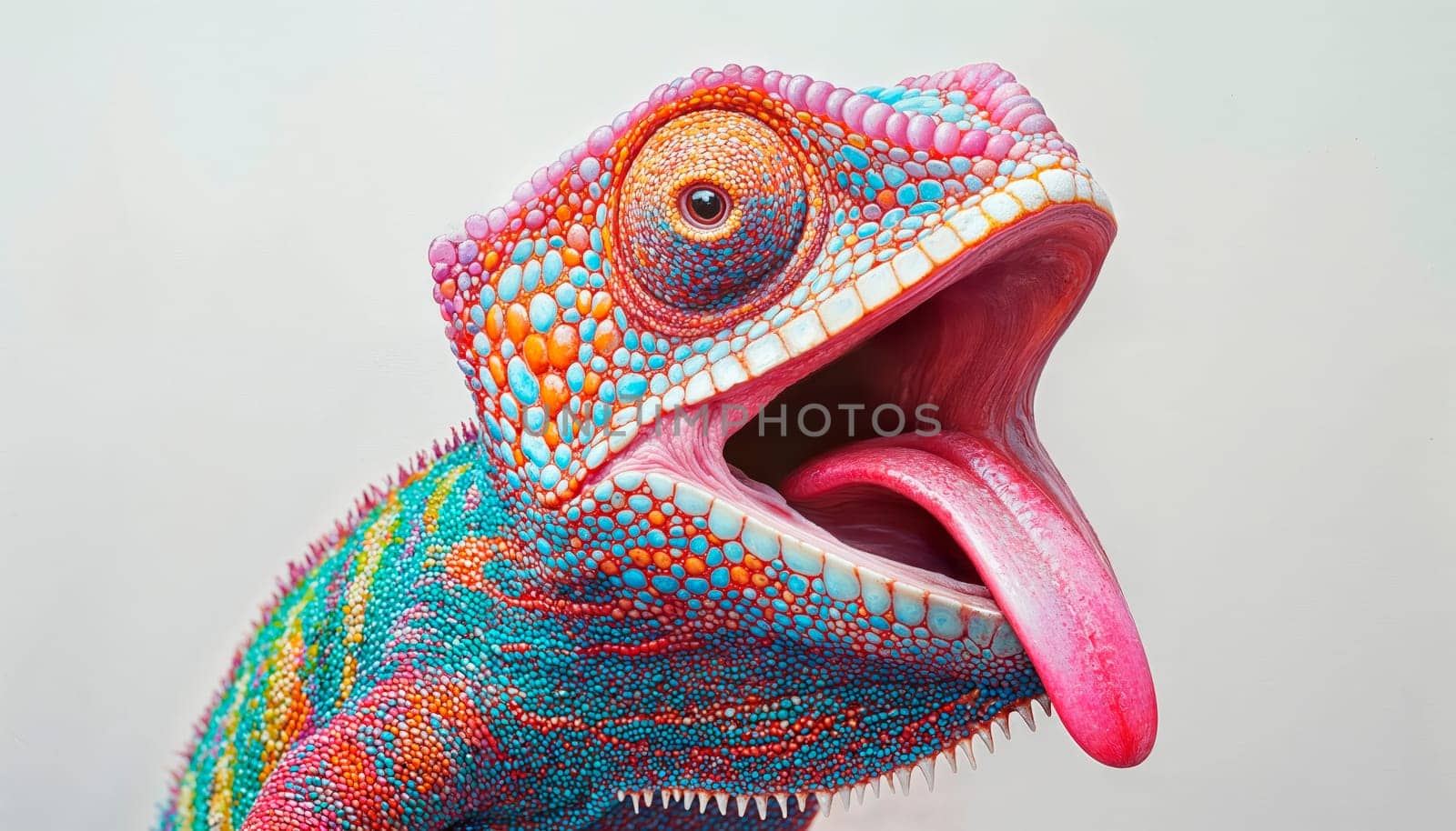 A vibrant chameleon displaying its bright colors and tongue. Perfect for nature and wildlife themes.