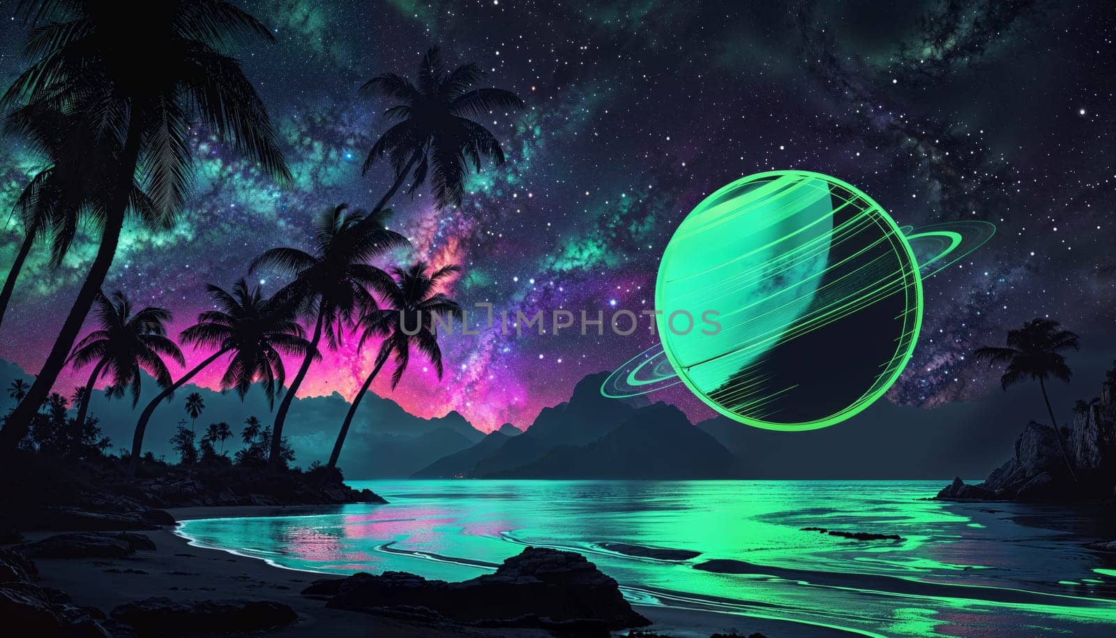 A breathtaking cosmic scene showcases a glowing planet alongside vibrant colors illuminating a serene tropical beach