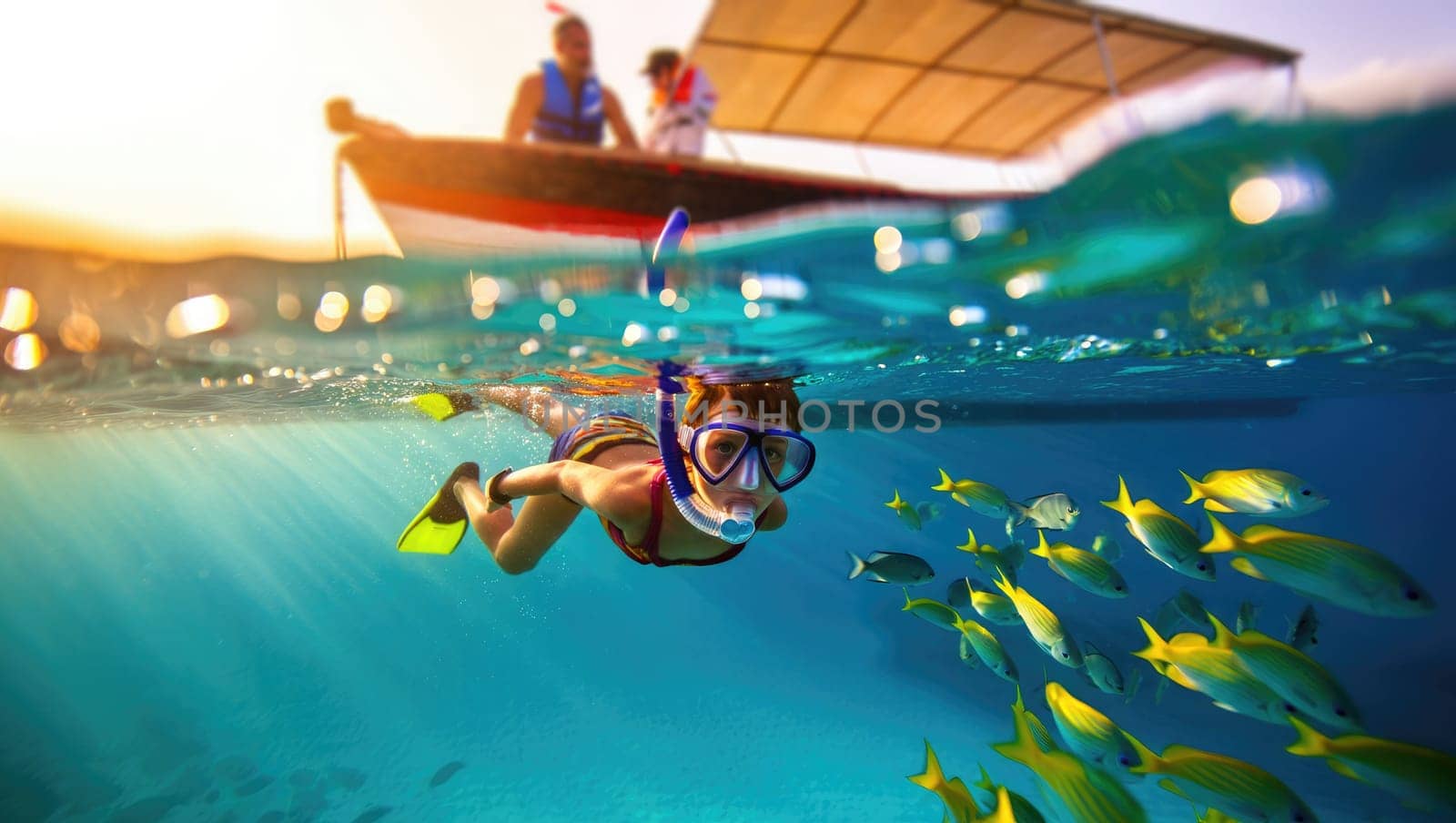 A person swims underwater wearing snorkeling gear while colorful fish swim nearby. A boat floats above in the warm sunlight, creating a serene and thrilling atmosphere for ocean exploration.