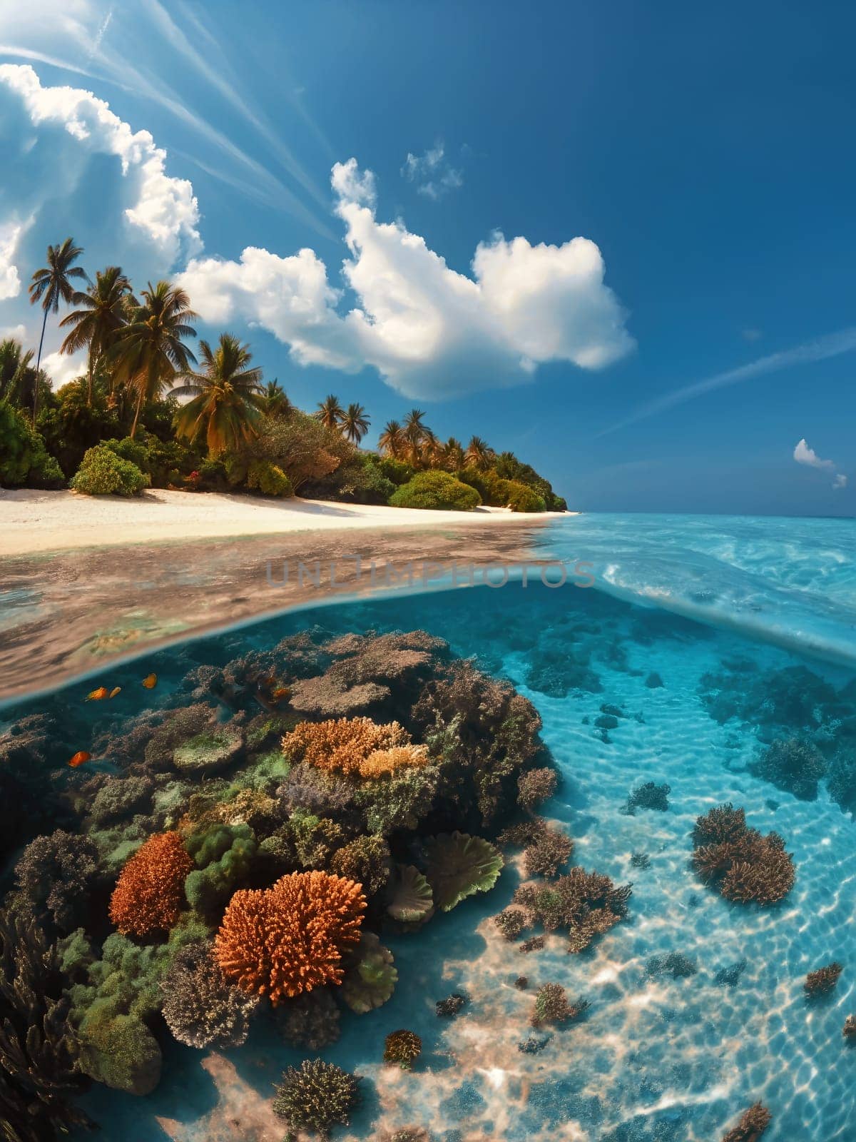 Clear turquoise waters reveal a vibrant coral reef teeming with marine life, set against a backdrop of lush tropical greenery and a sandy beach under a bright sky.
