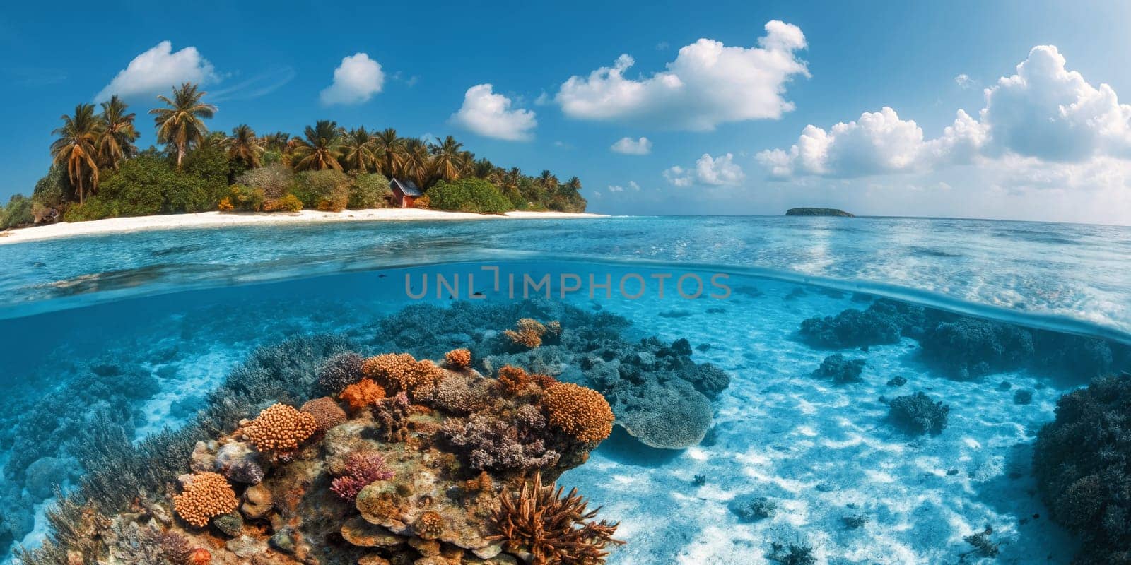 Vibrant coral reef teems with marine life under crystal clear waters, while a tropical island with lush palm trees sits in the background. Bright sunlight enhances the serene underwater scene.