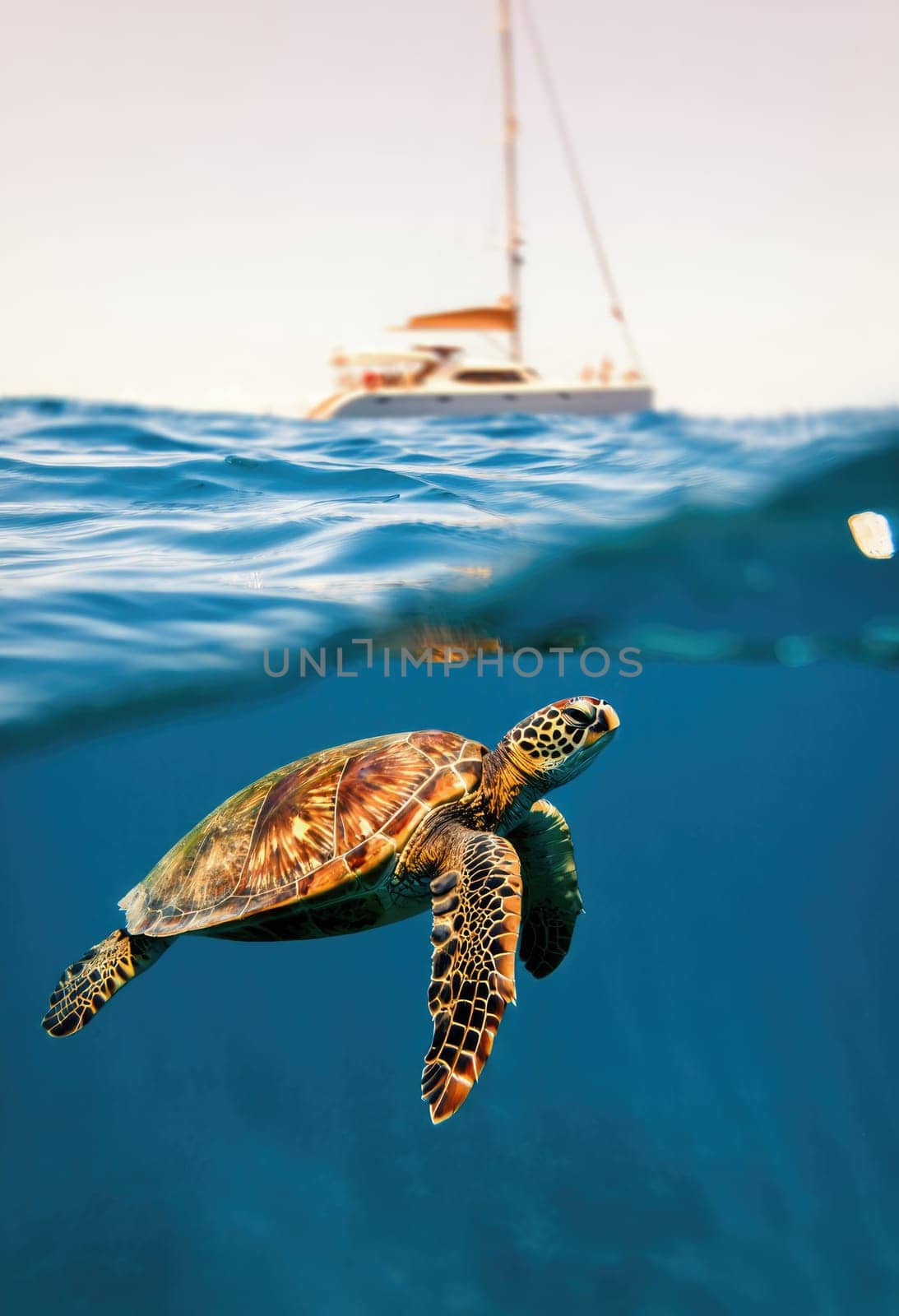 A vibrant sea turtle glides through the turquoise waters, with a sailing boat visible in the background. The scene captures the beauty of marine life and nature in perfect harmony.