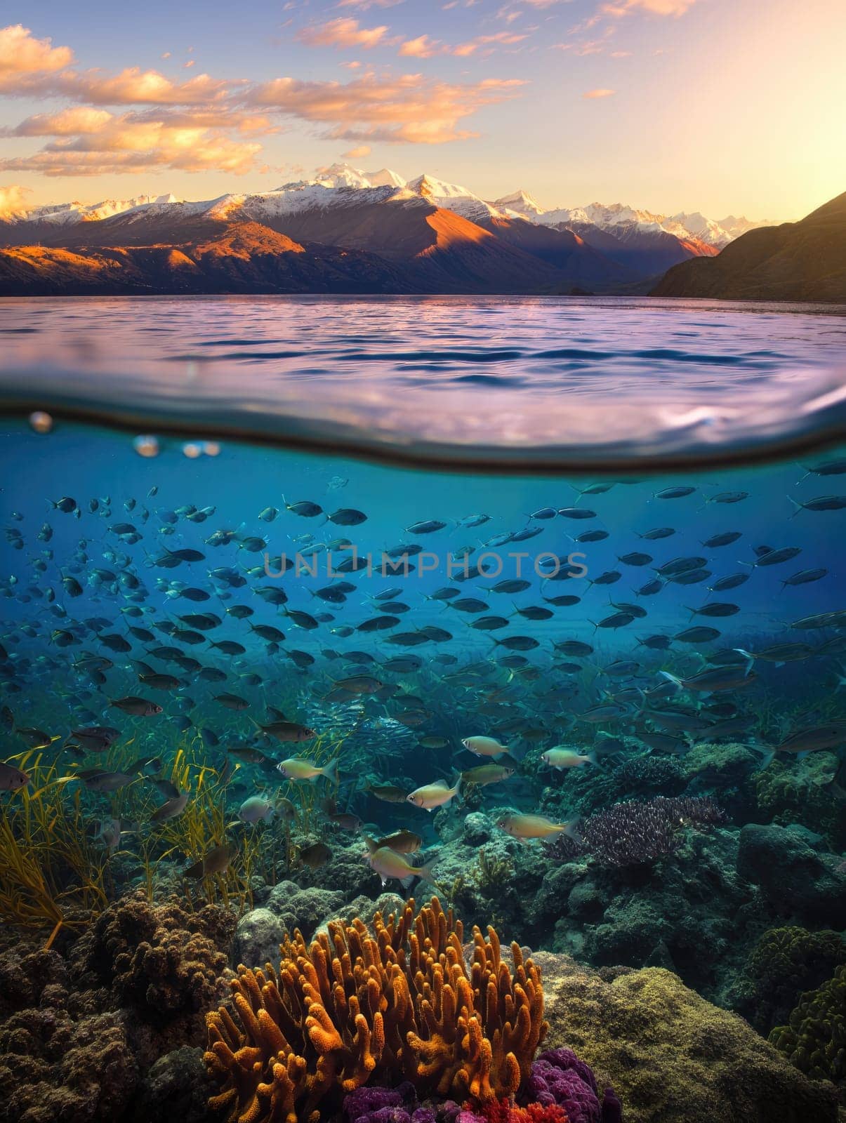 Coral formations thrive under the tranquil water surface as schools of fish swim amidst the vibrant colors.