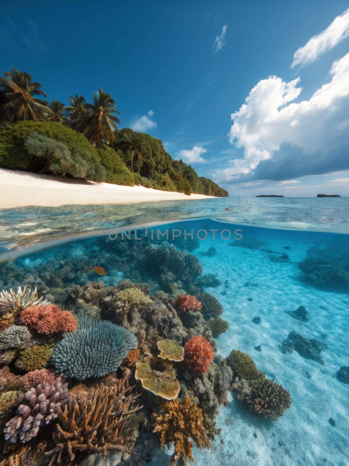 Colorful corals thrive underwater while lush greenery lines a sandy beach under a bright blue sky. Gentle waves lap at the shore, creating a peaceful tropical atmosphere.