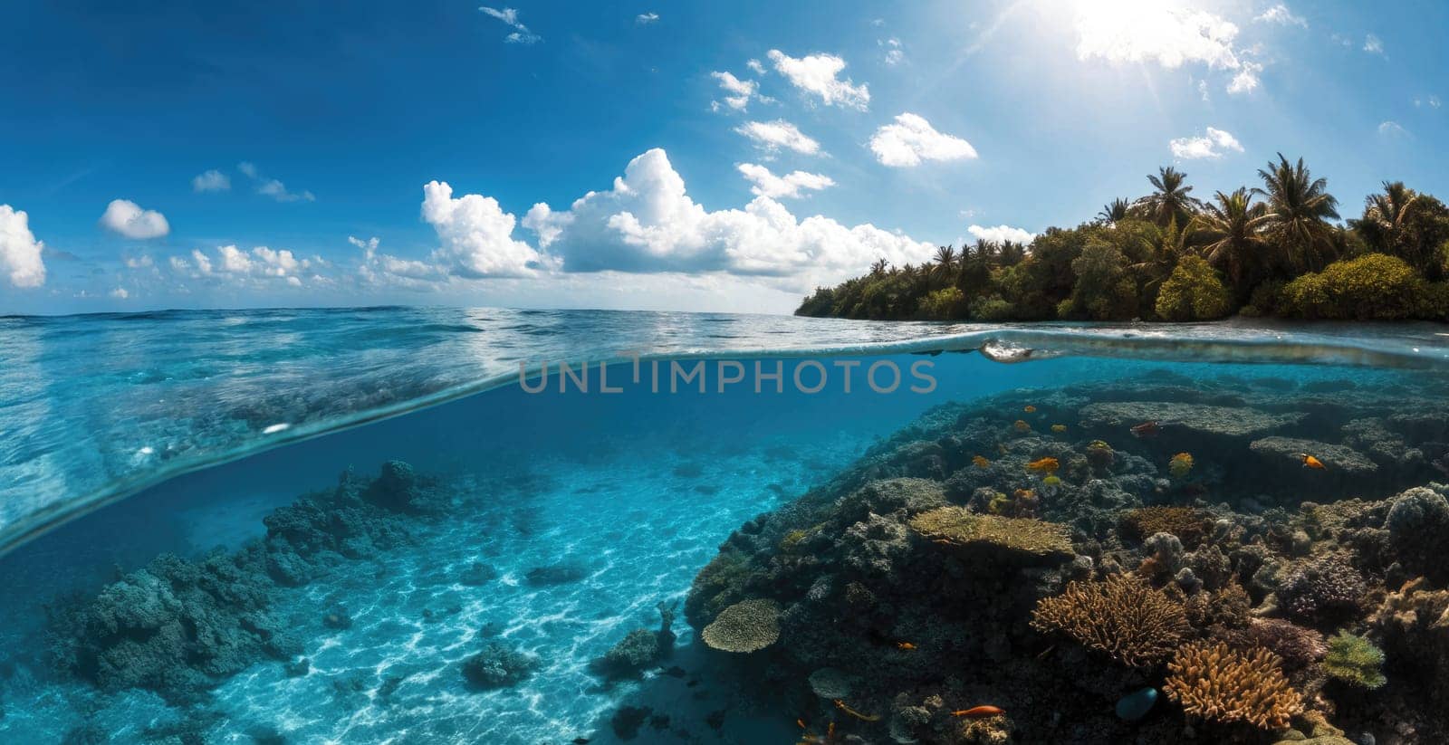 Beneath clear blue water, colorful coral formations thrive alongside diverse marine life. The sun shines brightly above a lush shoreline, creating a serene tropical atmosphere at midday.