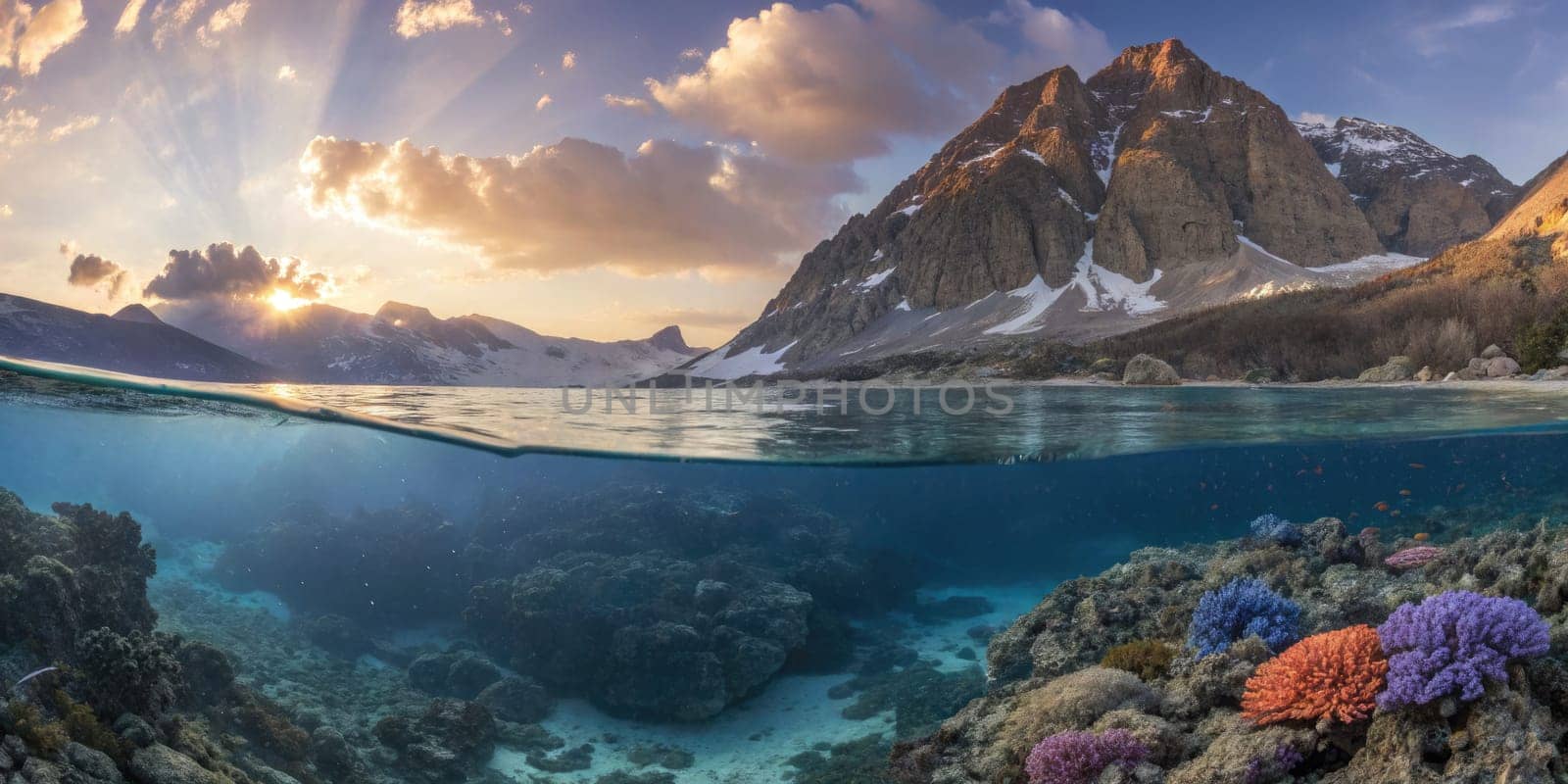 Colorful coral reefs thrive beneath crystal clear waters as fish gracefully swim around. A majestic mountain range rises in the background, illuminated by a breathtaking sunset.