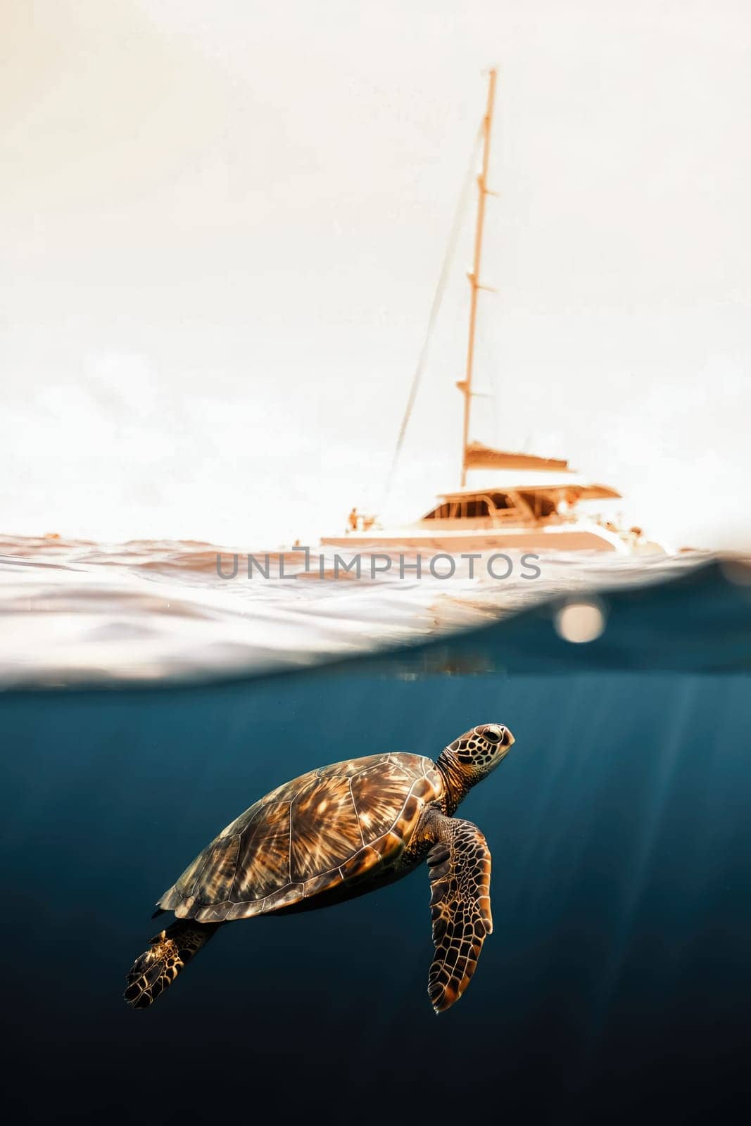 A sea turtle glides effortlessly beneath the surface, while a sailboat floats above in the bright daylight. The water is clear, showcasing the serene aquatic environment.