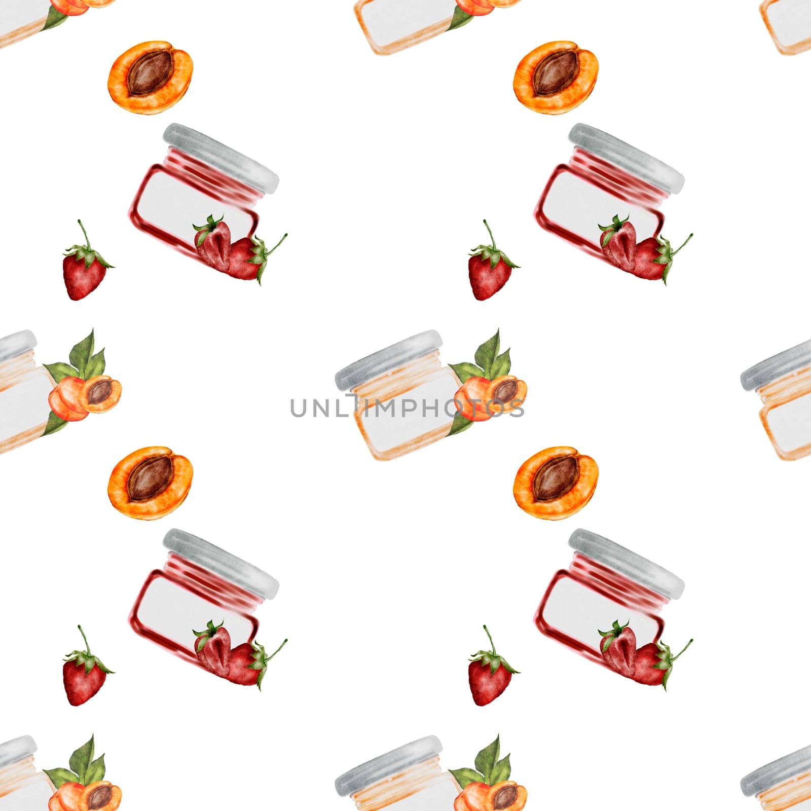 Jam jar seamless pattern watercolor. Hand drawn canned sweets on white background. Clip art food. Ideal for packaging goods with jam. Organic food. High quality illustration