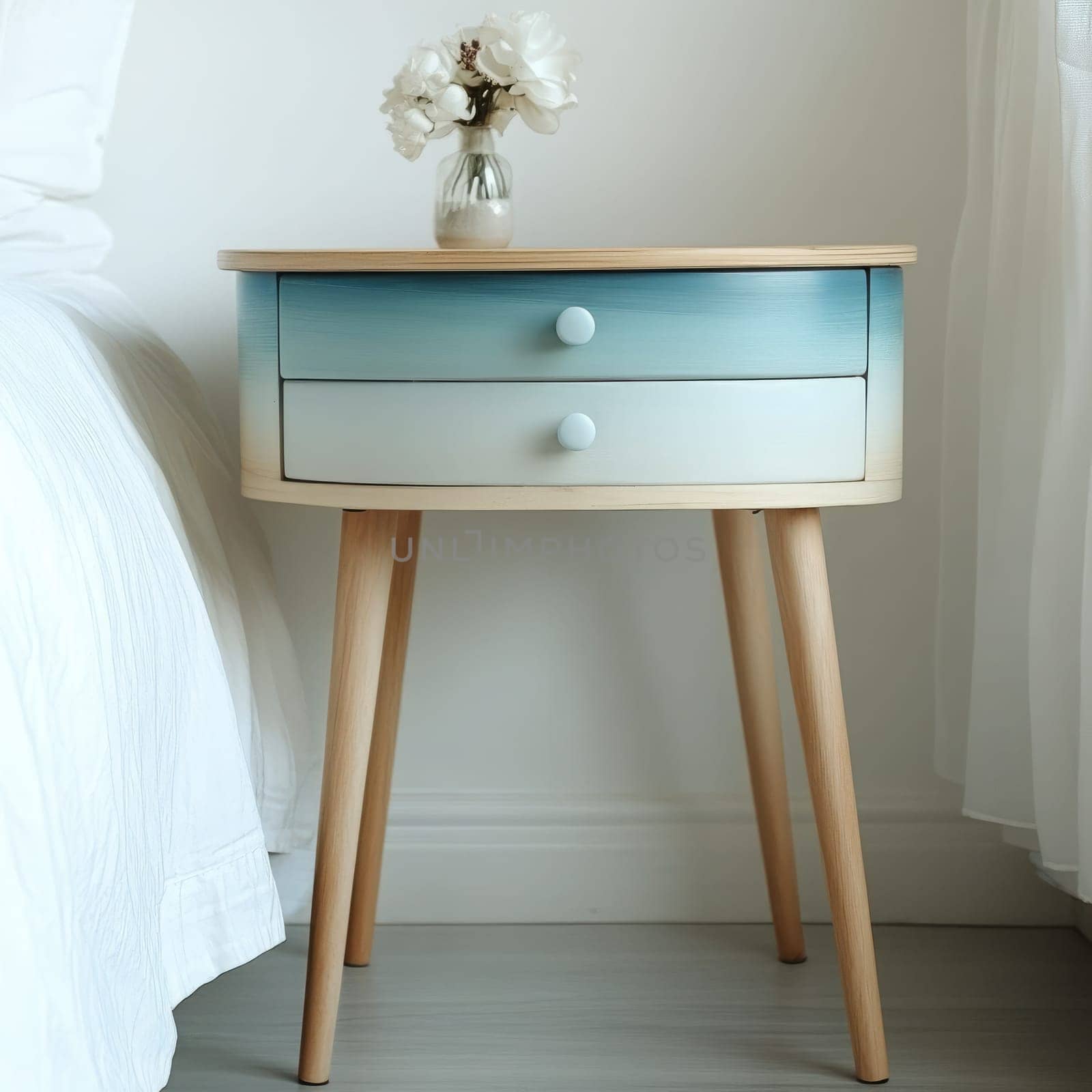 A charming bedside table features a smooth gradient paint design, complemented by a small vase with delicate flowers. The table enhances the bright, airy feel of the room.